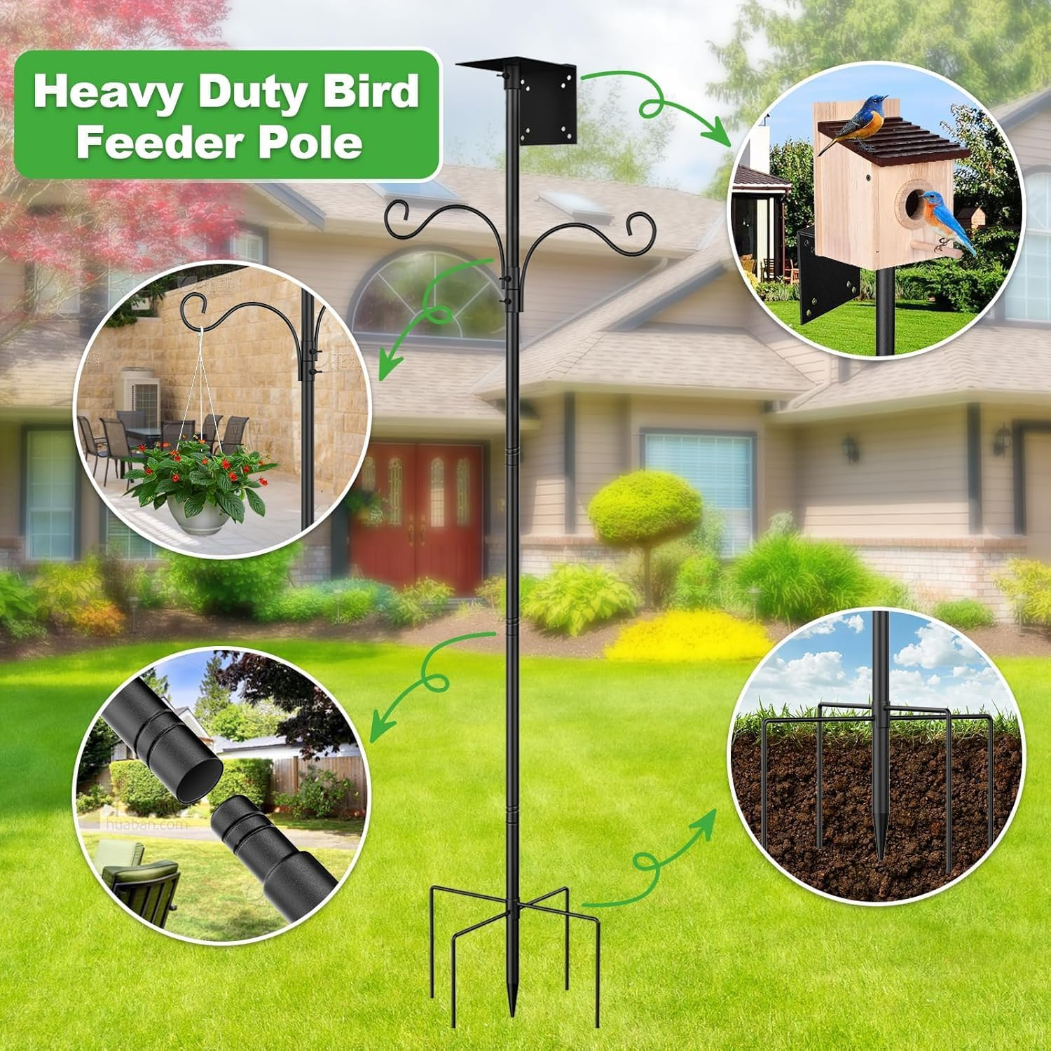 Upgraded 94 Inch Bird Feeder Pole with Shepherds Hooks,Adjustable Bird House Pole Mount House Pole Kit with 5 Prongs Base for Garden, Birds Watching & Birdfeeder Pole, Heavy Duty Bird Feeder Stand image number 2