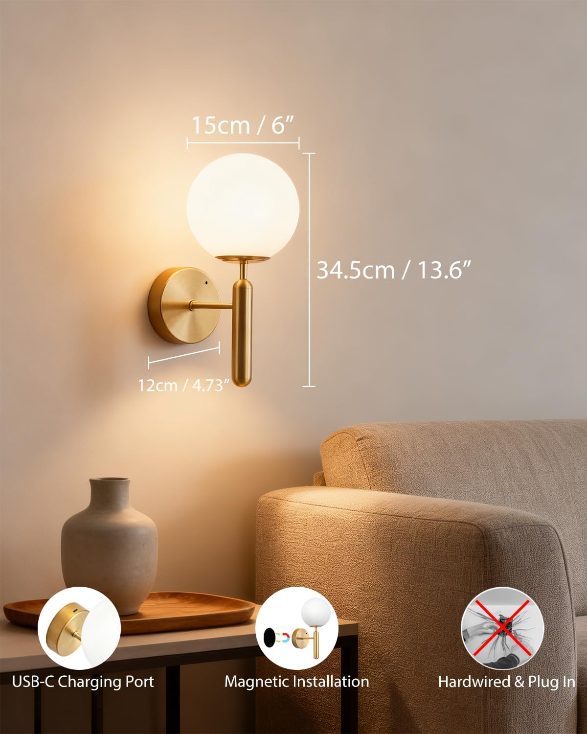Battery Operated Wall Sconces Set of 2, Rechargeable Wireless Battery Wall Lights with 6000Mah Dimmable RGB Bulbs, 16 Colors Gold Wall Lamps with Remote for Bedroom Living Room Hallway image number 5