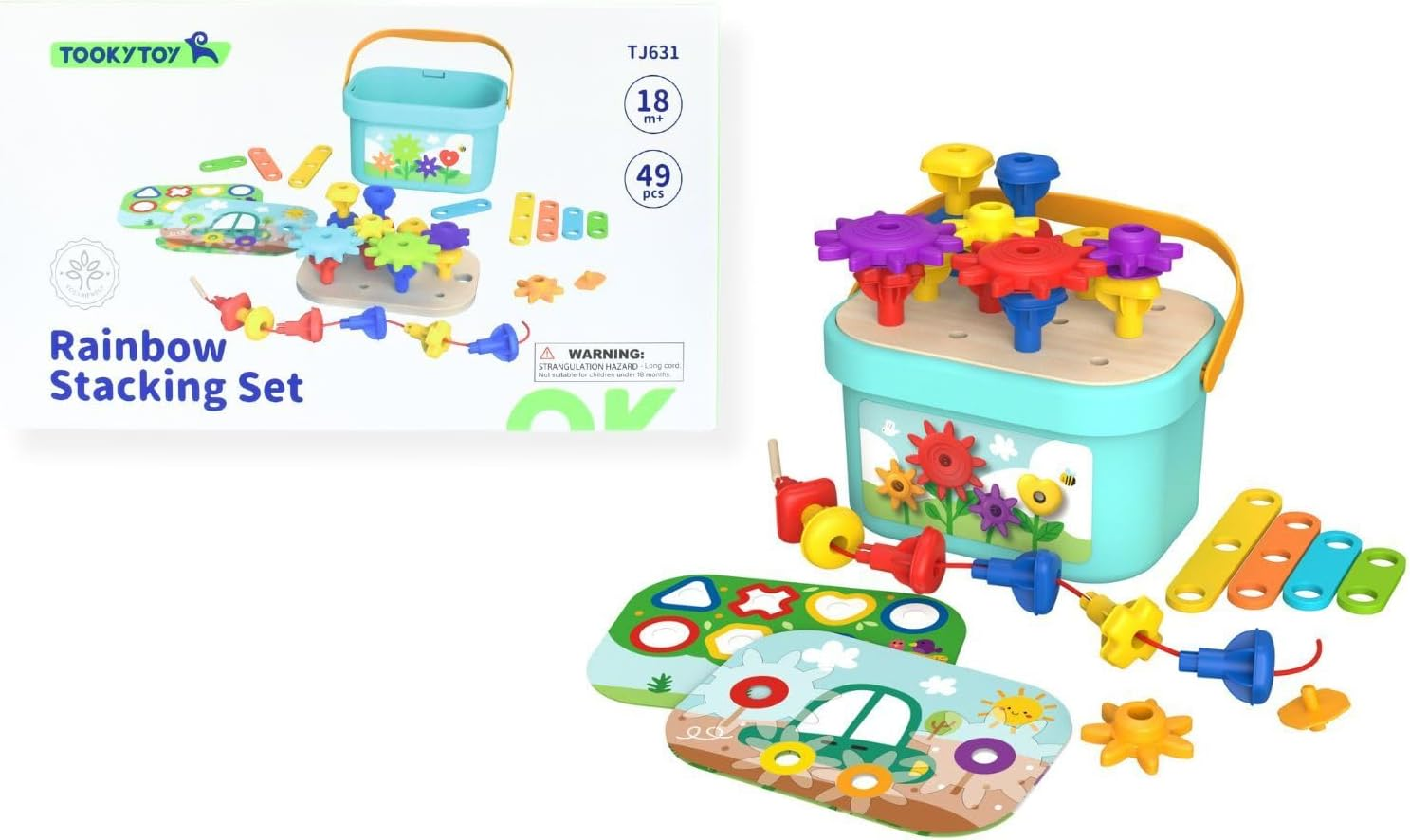 Tooky Toy TJ631 - Rainbow Pegs and Cogs Stacking and Lacing Set - Educational Stacking Toy image number 5