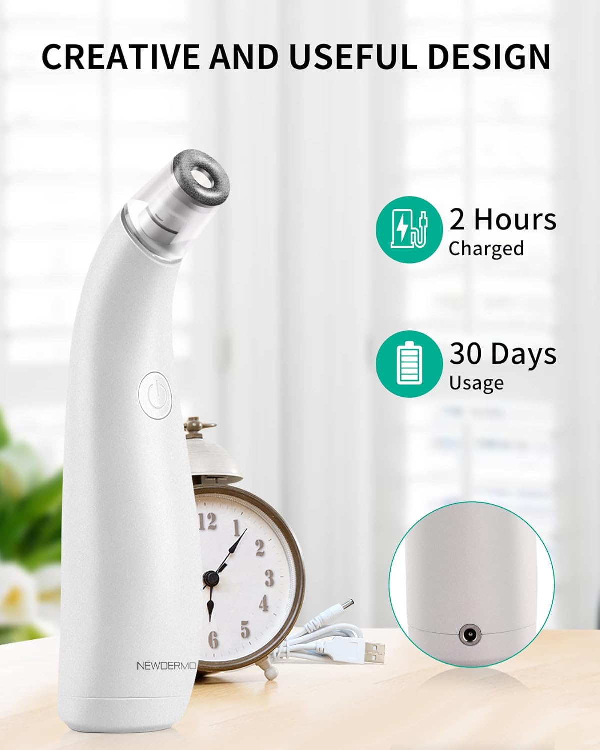 NEWDERMO 2-IN-1 Microdermabrasion Machine & Pore Vacuum Cleaner, 5 Tips & 5 Suction Diamond Microdermabrasion Device USB Rechargeable - Advanced Home Facial Skin Care Treatment Machine(Pure White) image number 1