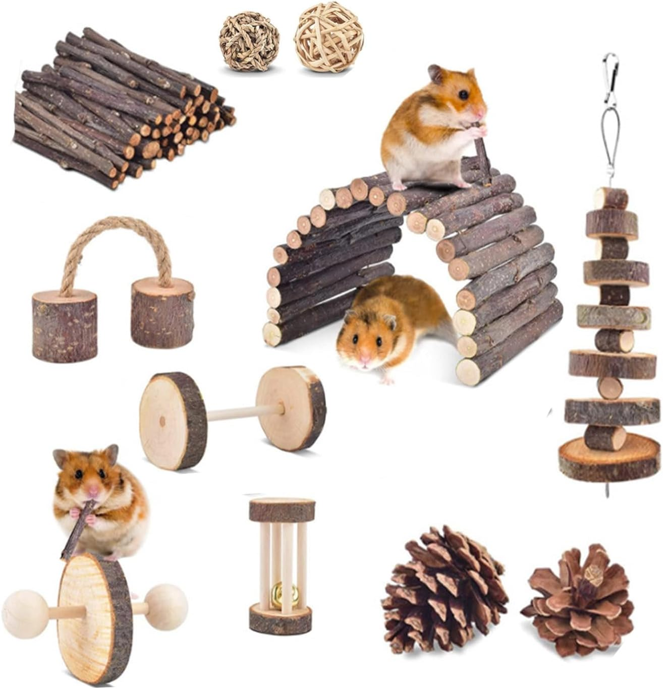 Roczential 11Pcs Hamster Toys Set Natural Wood Hamster Cage Accessories with 11-Pack Different Chew Toys Natural Molar Tools for Rabbit Guinea Pig Gerbil Chinchilla. image number 4