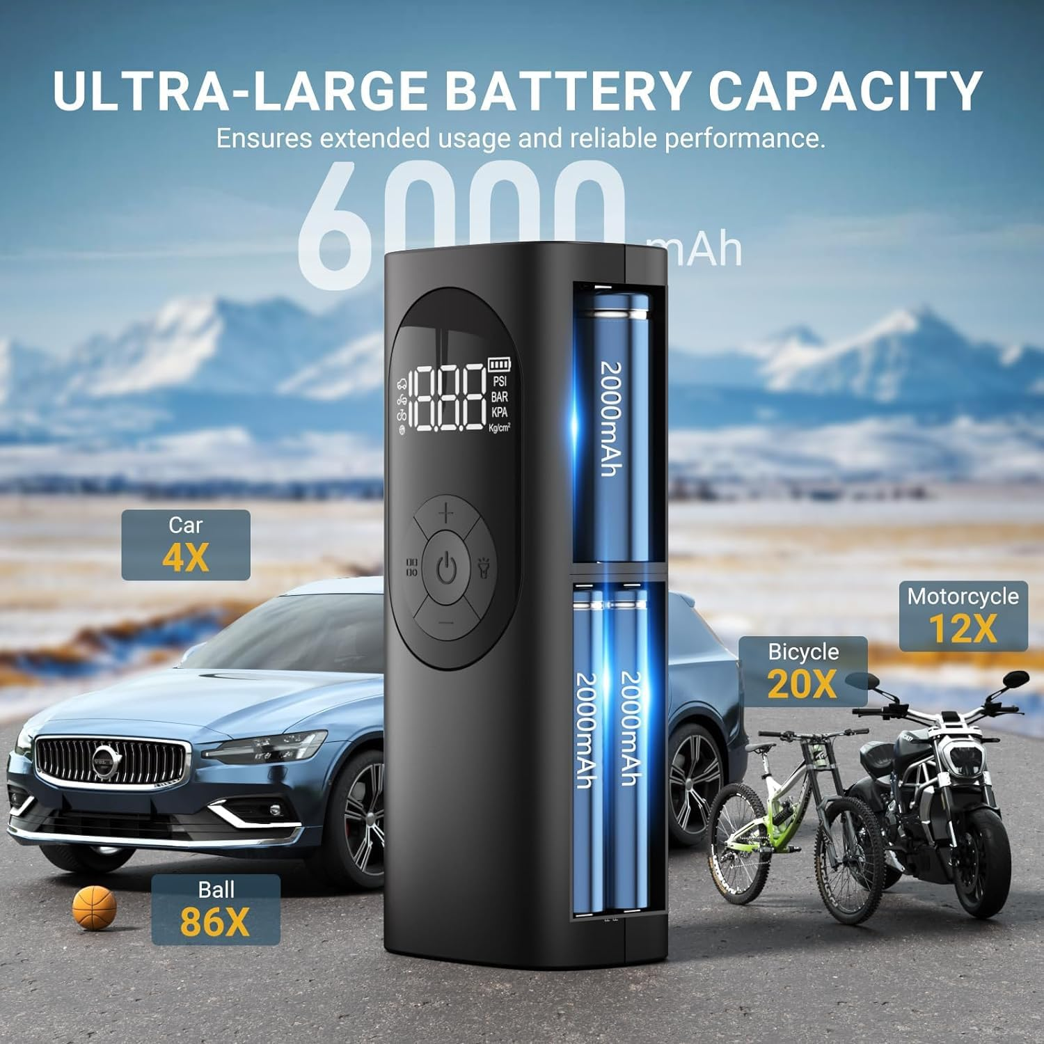 Car Tyre Inflator Air Compressor - Faster Inflation, Cordless Portable Air Pump, 150PSI Electric Tyre Pump with Digital Pressure Gauge & LED Light, Auto Shutoff, for Car, Motorcycle, Bike, Ball image number 4