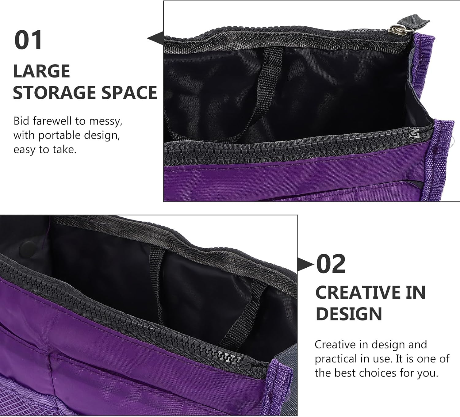 WESIEVYA Multipurpose Foldable Handbag Liner with Double Layers and Multiple Pockets Large Capacity Nylon Travel Bag Organizer for Women Purple image number 6