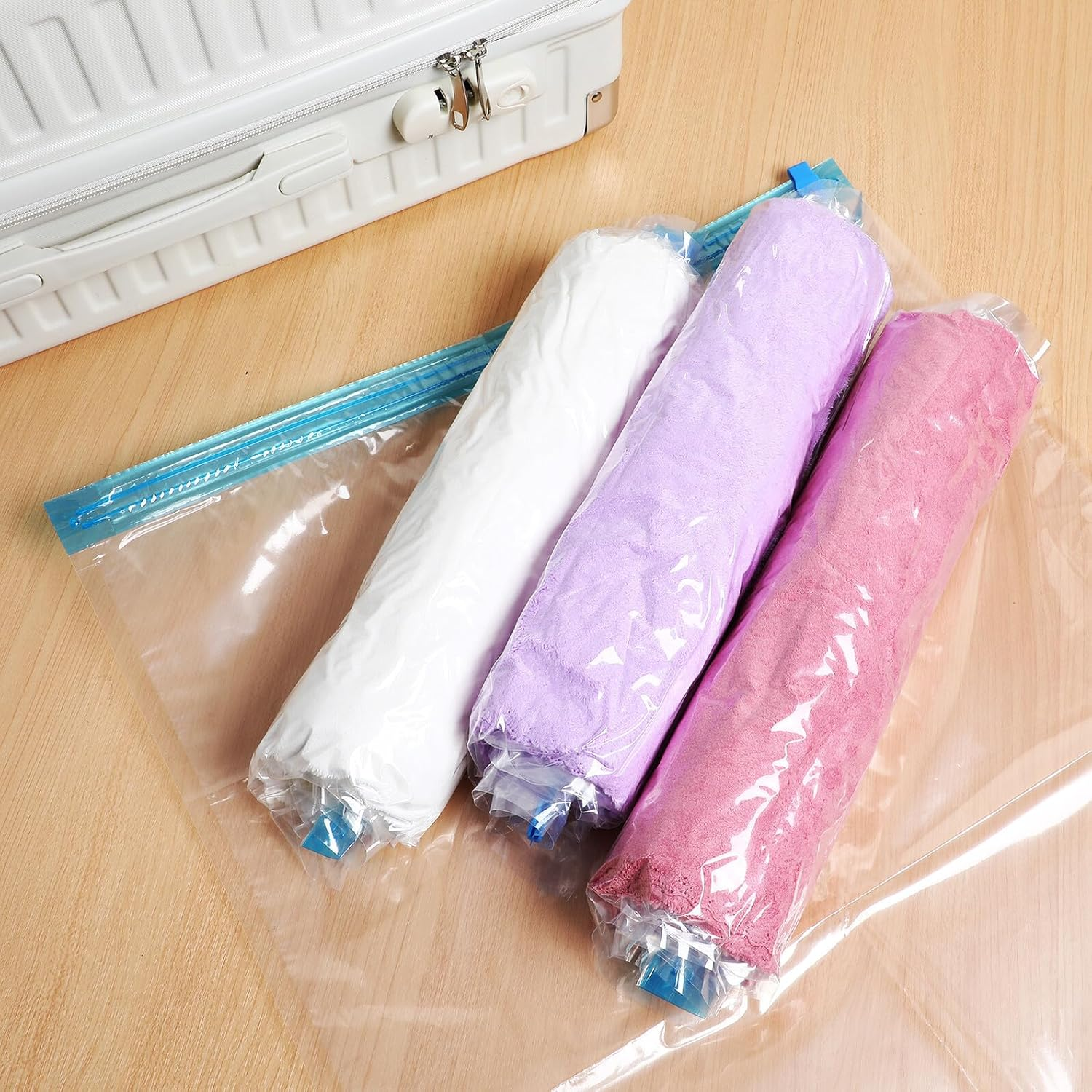 SHINEOFI 12 Pcs Travel Compression Packing Bags with Double-Sided Seal Vacuum Storage Organizers for Clothes Two Reusable Space-Saving Travel Essentials