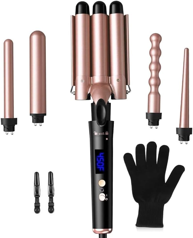 Waver Curling Iron Wand, 5 in 1 Curling Wand Set with LCD Digital Display & Temp Control, 3 Barrel and 4 Interchangeable Ceramic Hair Wand Hair Curler for All Hair Types, Glove & 2 Clips (Brown)