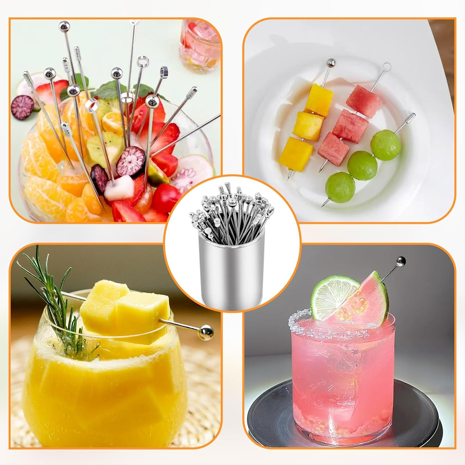 36 PCS Metal Cocktail Picks with Holder Kit, Martini Picks, Reusable 304 Stainless Steel Cocktail Toothpicks, Appetizer Skewers Set for Sandwiches, BBQ Snacks, Olives Fruits (Multicolor) image number 2