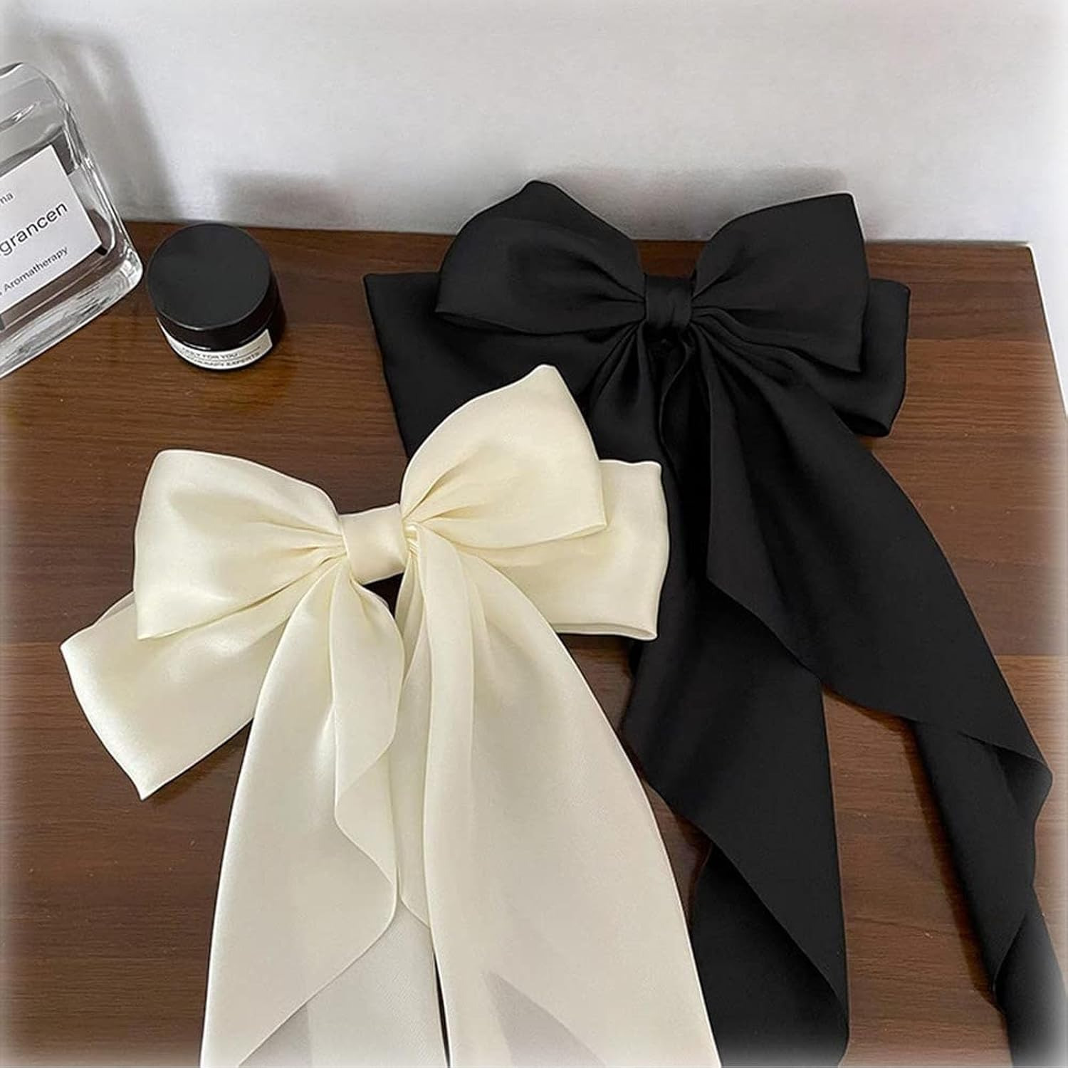 Hair Bow Clips, Hair Clips with Large Bow, Plain Hair Pin with Bow, Hair Clips Accessories for Girls Women, (2 Pieces, Black, Milky White) image number 1
