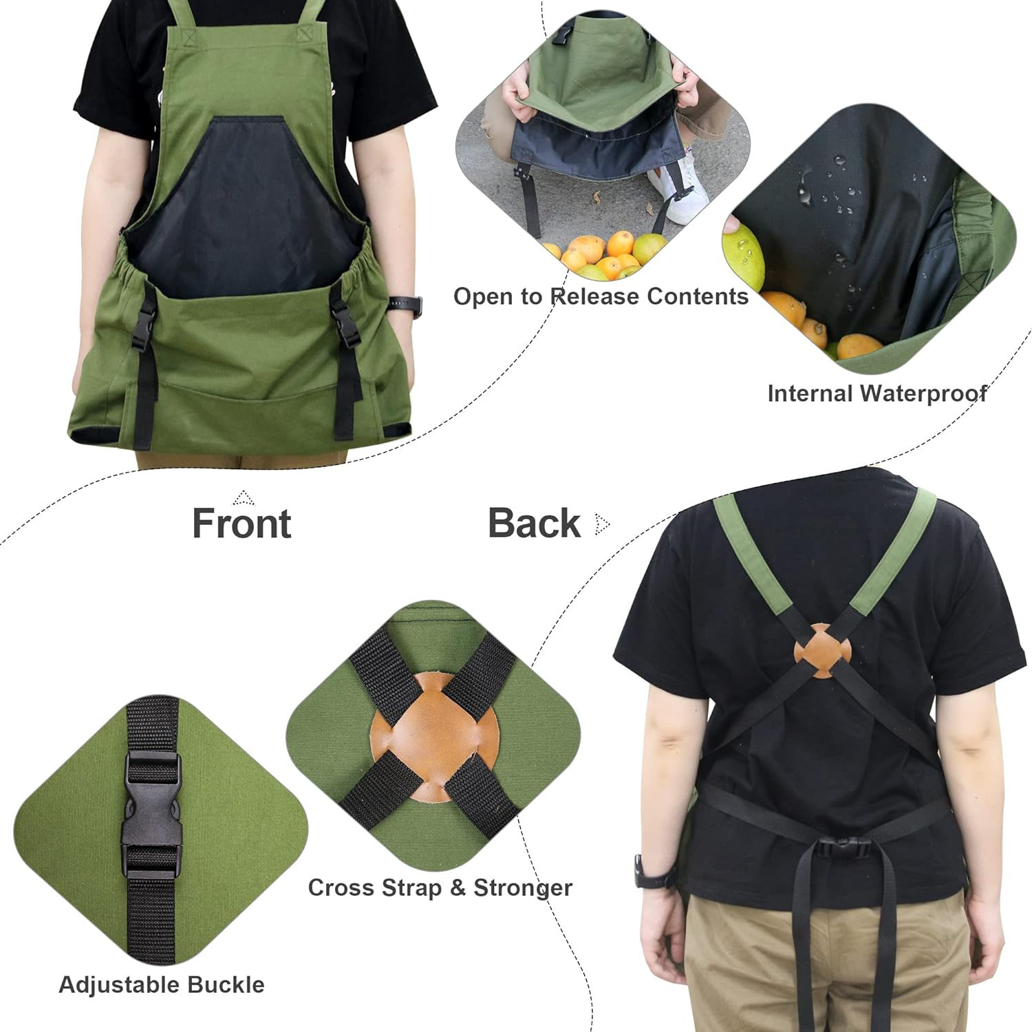Gardening Apron with Pockets,Tool Apron for Women with Quick Release Lower Pocket, Washable Cotton and Adjustable Waist for Women Gardening Gift - Green image number 4