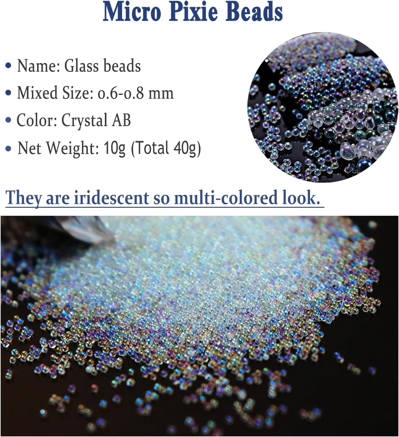4 Colors Caviar Beads Nail Crystals Micro Pixie Beads Multicolor Glass Pixie Crystals for 3D Nail Art DIY Charms Decorations (Crystal Ab)