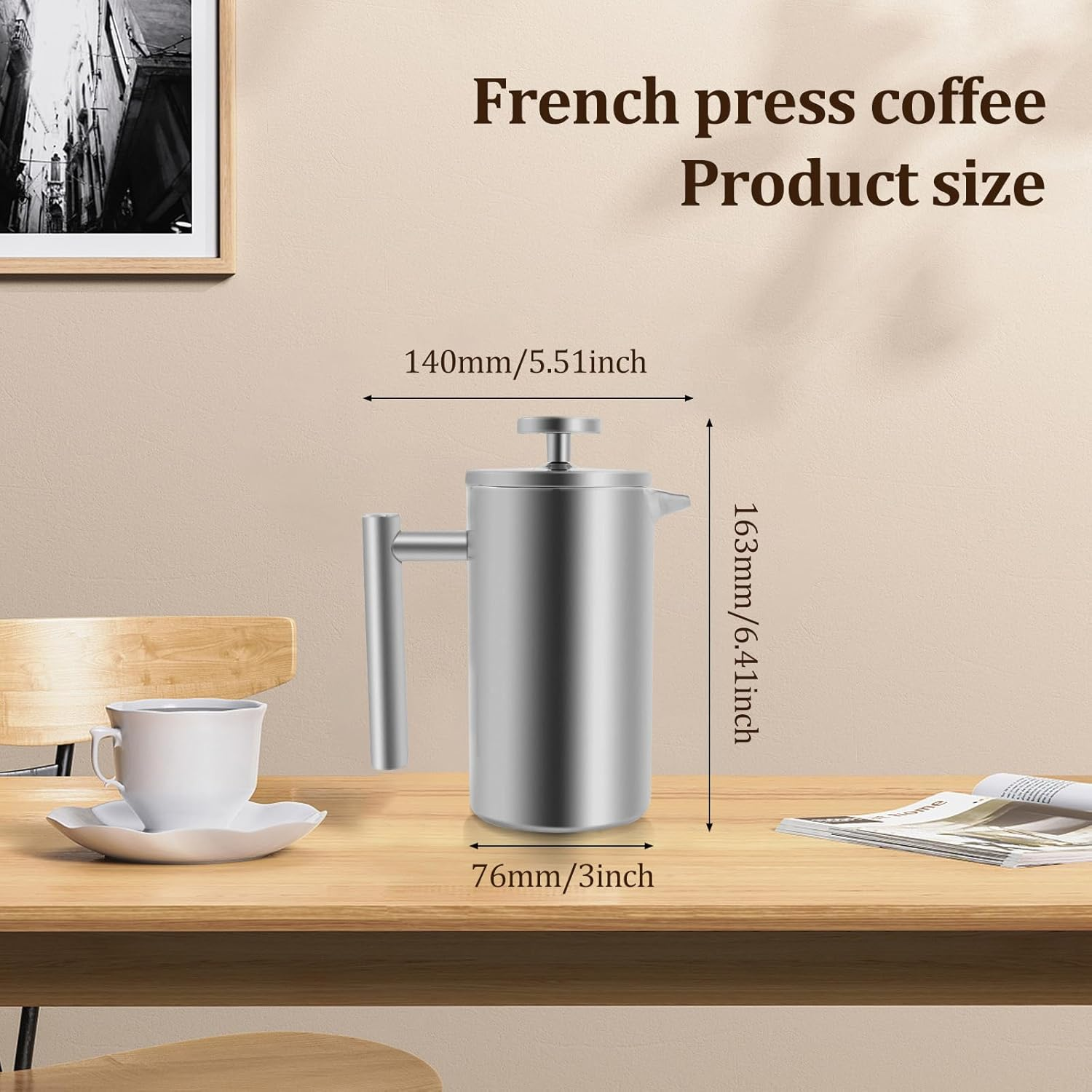 French Press Coffee Maker, 350ML Effortless to Clean Premium 304 Stainless Steel Coffee Press Pot with Our Reusable Stainless Steel Filter, Rustproof, for Cappuccino Latte Mocha Silver image number 3