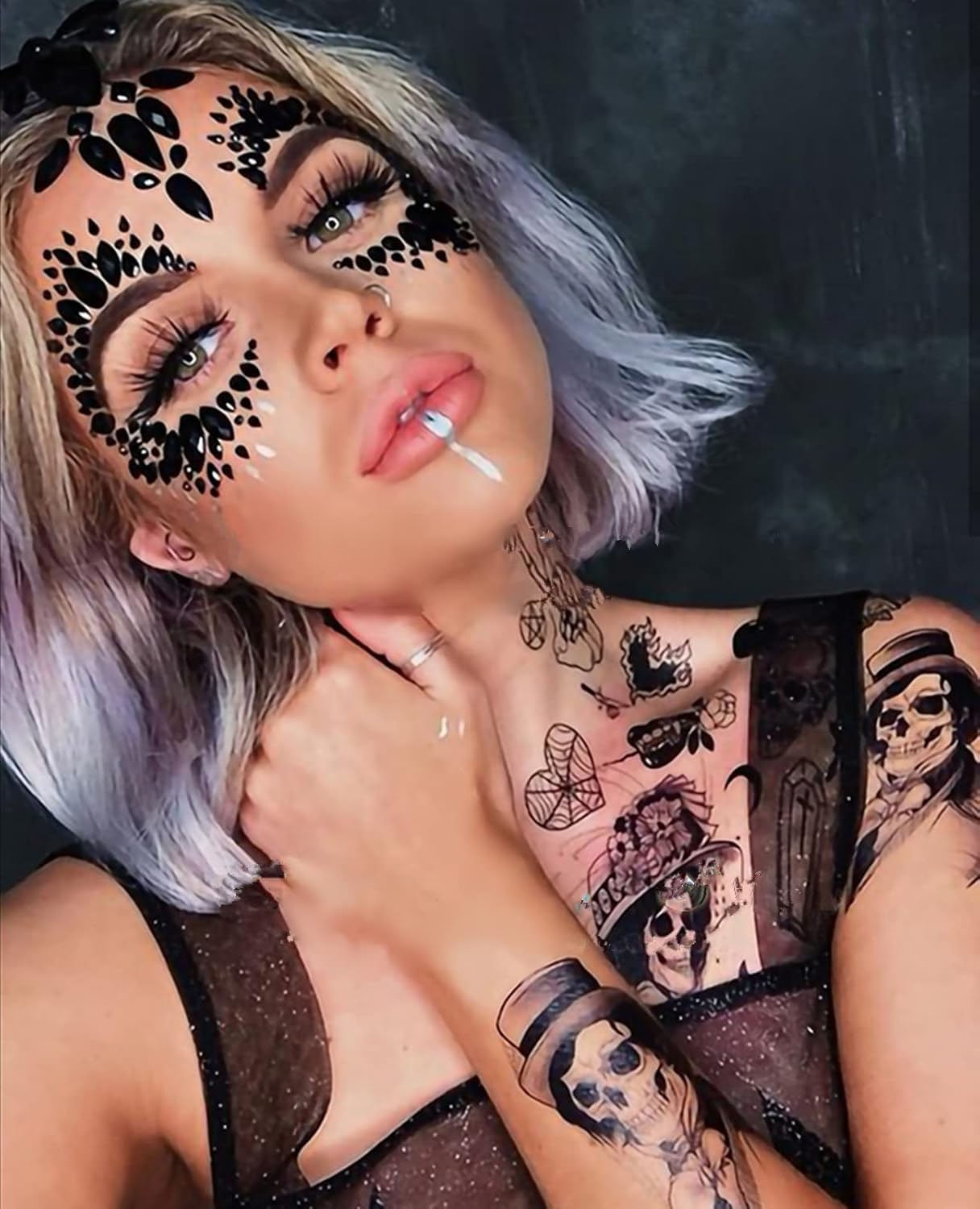 Black Halloween Face Gems, 2 Pcs Eco-Friendly Resin Material Self-Adhesive Mermaid Face Jewels Stick on Stickers Glitter Face Makeup Gems for Kids Festival Forehead Decorations (Collection 3) - Collection 3 image number 3