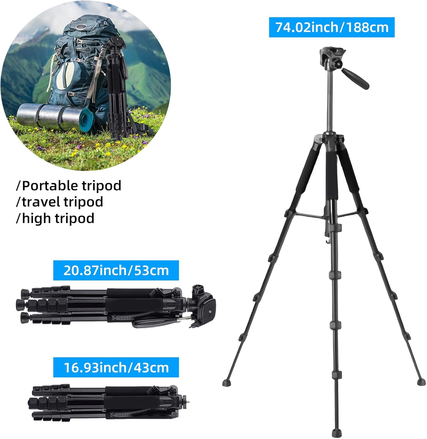 STEUGO 74"/188CM Camera Tripod Stand, Foldable Aluminum Tripod, 360&deg; Ball Head Detachable Camera Tripod, Spotting Scope Tripod with Carry Bag, Support Canon,Sony,Nikon,Dslr Camera, Cellphone (Black) image number 5