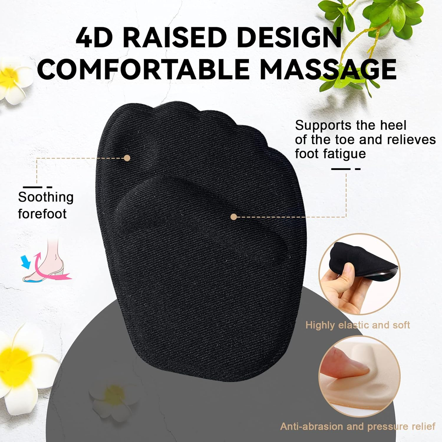 Ball of Foot Cushions Metatarsal Pads for Women, Modixun 4 Pairs Anti-Slip Reusable Washable High Heel Inserts for Foot Pain Relief, Soft Gel Shoe Inserts Forefoot Pads, Black image number 3