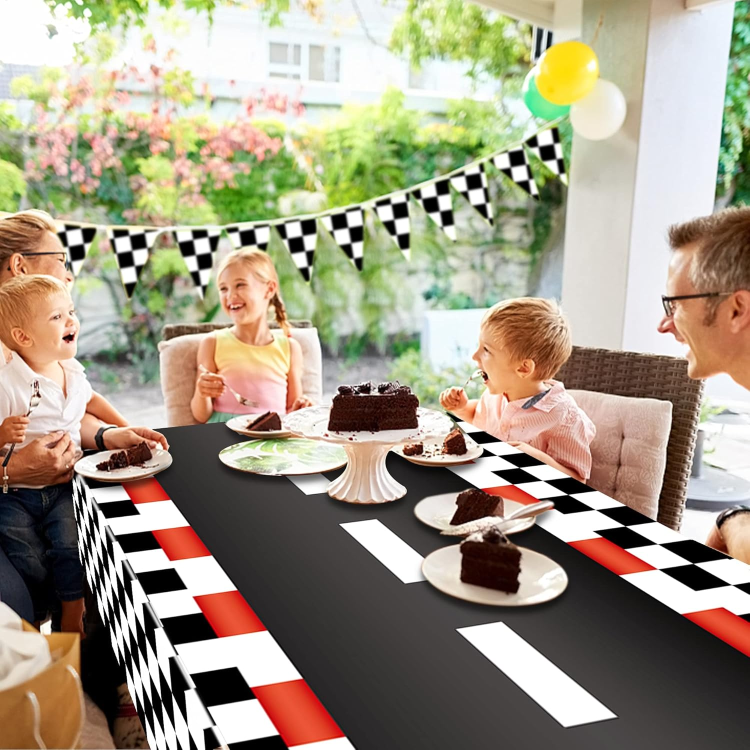 2 PCS Racing Car Plastic Tablecloths Car Theme Disposable Party Tablecloths Black Checkered Flag Table Covers Racetrack Rectangular Tablecloth for Boys Birthday Baby Shower Home Decor, 54 X 108 Inch image number 4