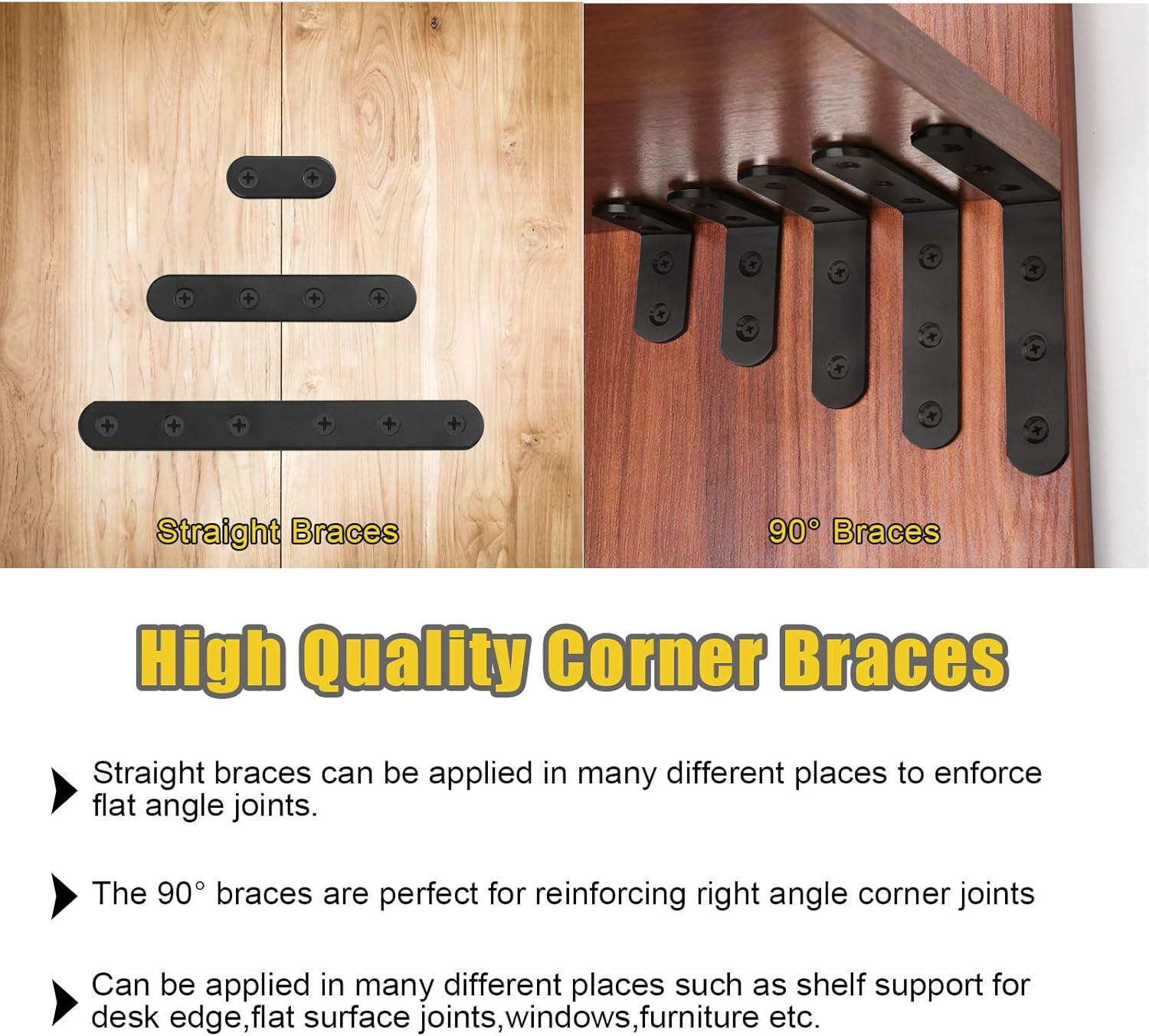 Mardatt 24 Sets Black Corner Braces L Brackets and Straight Braces Mending Plates Heavy Duty Assortment Kit with Screws Fasteners for Wood Shelf Chair Cabinet Furniture (20/50/100Mm,40/100/160Mm)