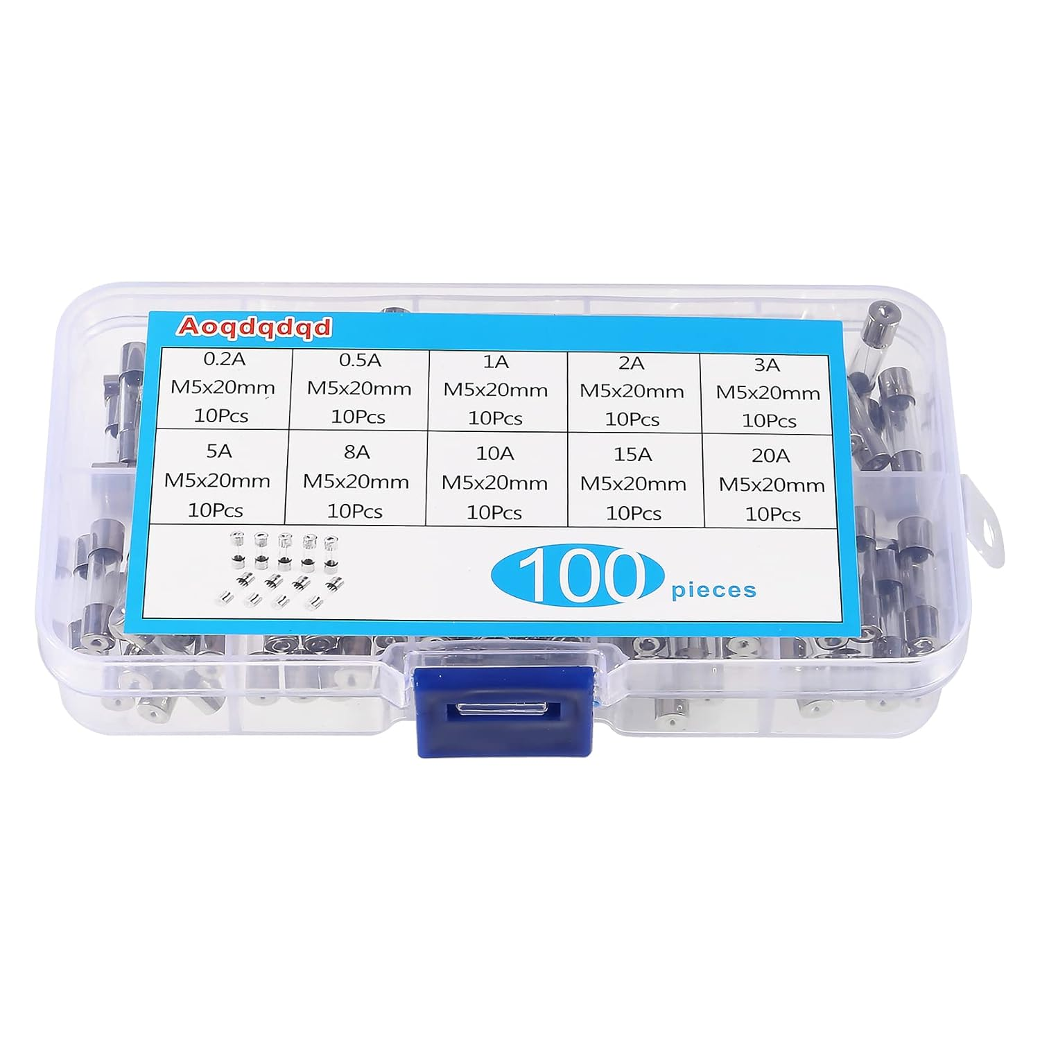 DIANN 100Pcs Fast-Blow Glass Fuses Assortment Kit 10 Values 5X20Mm 250V 0.2 0.5 1 2 3 5 8 10 15 20A Amp Assortment Kit