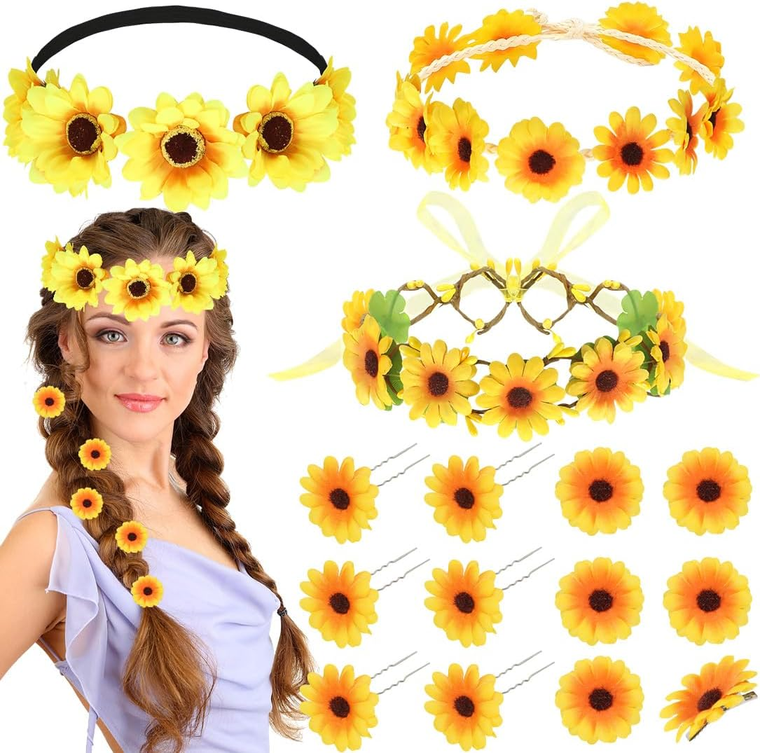 Sunflower Hair Band, Flower Headband with 10 Hair Clips, Sunflower Hair Accessory Set, Sunflower Headband for Women, Carnival, Bridal, Holiday by the Sea, Wedding, Party
