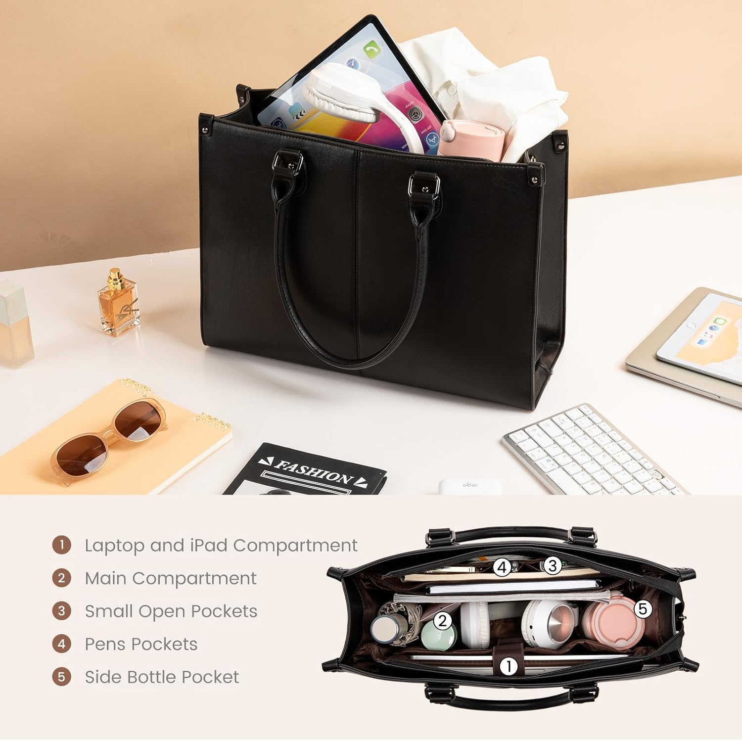 LOVEVOOK Laptop Bag for Women, 15.6 Inch Laptop Tote Bag Vintage Work Bags for Women Computer Bag Office Briefcase Handbag - Black image number 3