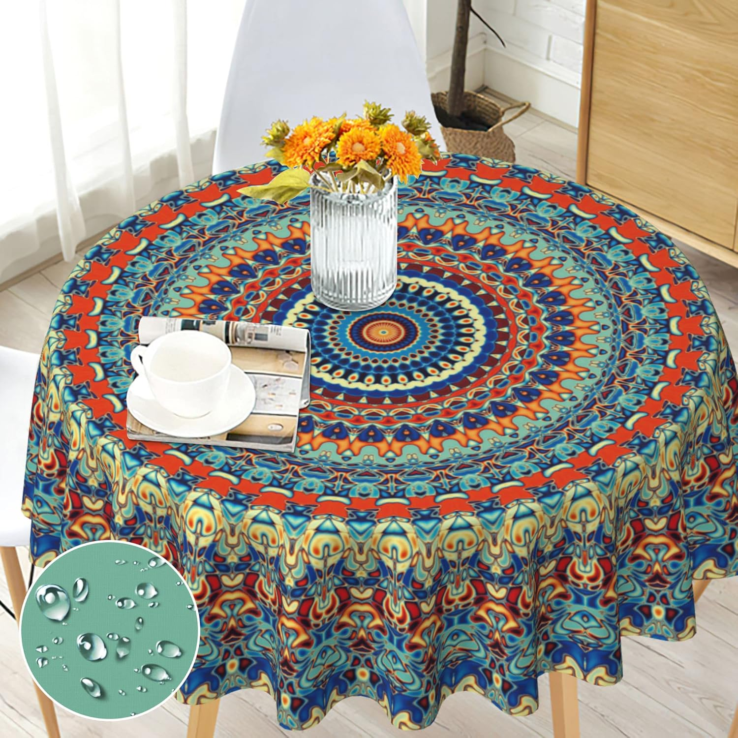 Round Tablecloth 60 Inch, Floral round Table Cloth, Stain Resistance, Water Repellent and Wrinkle-Free, Colorful Flower Circle Tablecloth for Home Kitchen Dining Party Patio Indoor and Outdoor Use
