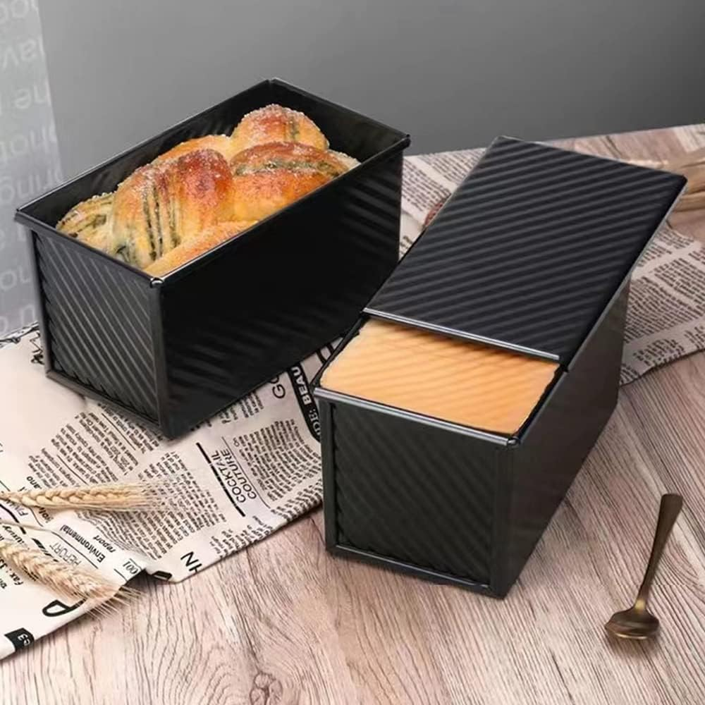 Loaf Pan with Lid, Non-Stick Bread Pans Bakeware, 1Lb Dough Carbon Steel Baking Bread Toast Mold,Corrugated Toast Box for Oven Baking, Big Capacity Baking Tool (Black) image number 1