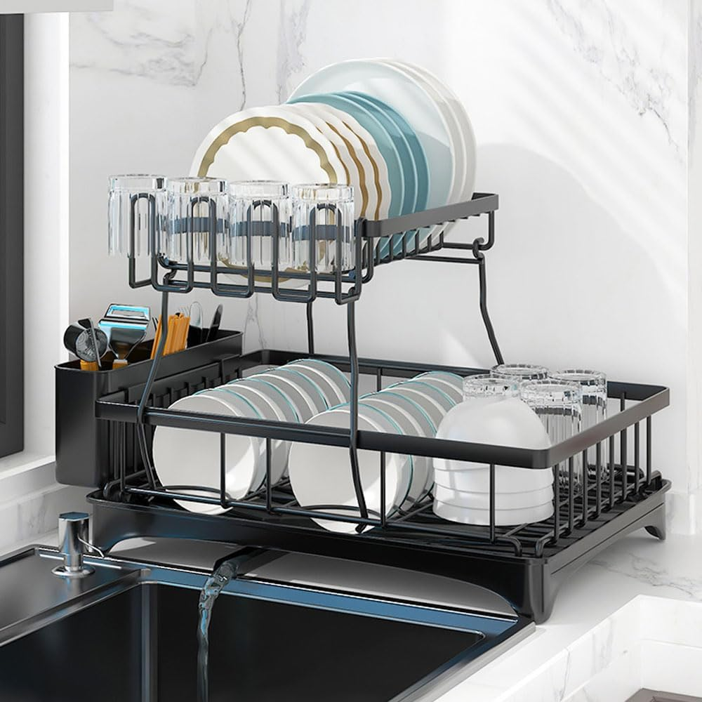 Dish Drying Rack, Dish Rack with Draining Tray, Made of Carbon Steel, Removable Cutlery Holder with Drip Tray Swivel Draining Spout, for Kitchen Countertop（Black 2） image number 3
