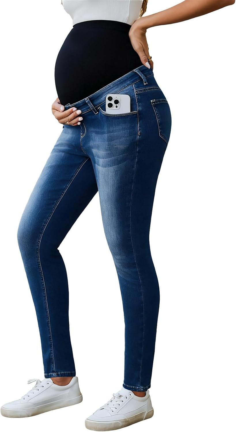 Ecavus Women'S Maternity Jeans over Belly Stretchy Skinny Denim Pregnancy Pants Maternity Clothes with Pockets