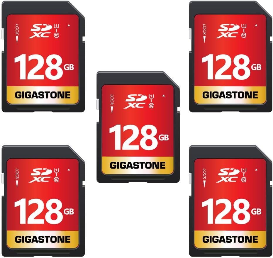 Gigastone 128GB 5-Pack SD Card UHS-I U1 Class 10 SDXC Memory Card High Speed Full HD Video Canon Nikon Sony Pentax Kodak Olympus Panasonic Digital Camera, with 5 Mini Cases