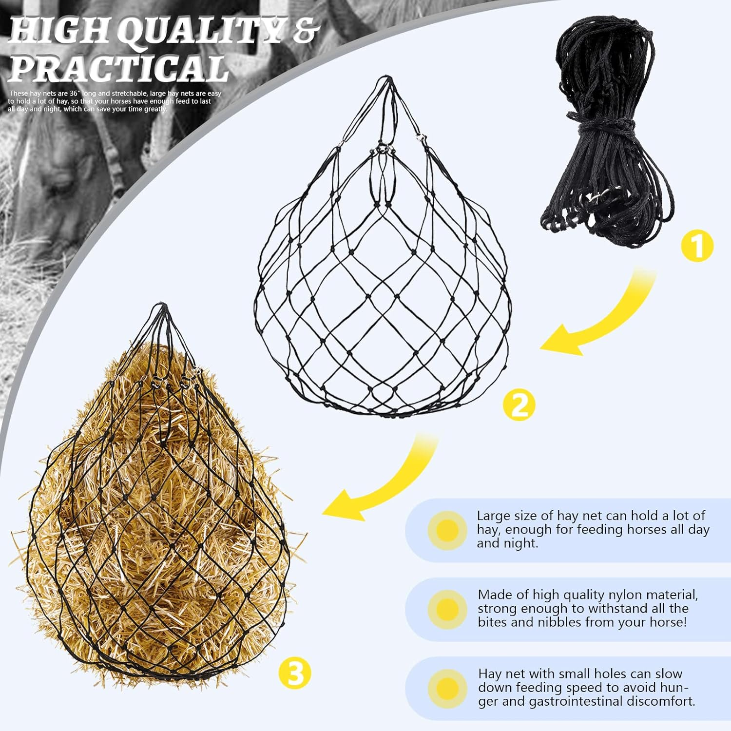 Glarks 2Pcs 36" Ultra Slow Feed Hay Net, 2 Color Large Heavy Duty Poly Horse Hay Net Equine Feeding Bag for Trailer and Stall, Simulates Grazing, Reduce Waste (Black, Red) image number 1