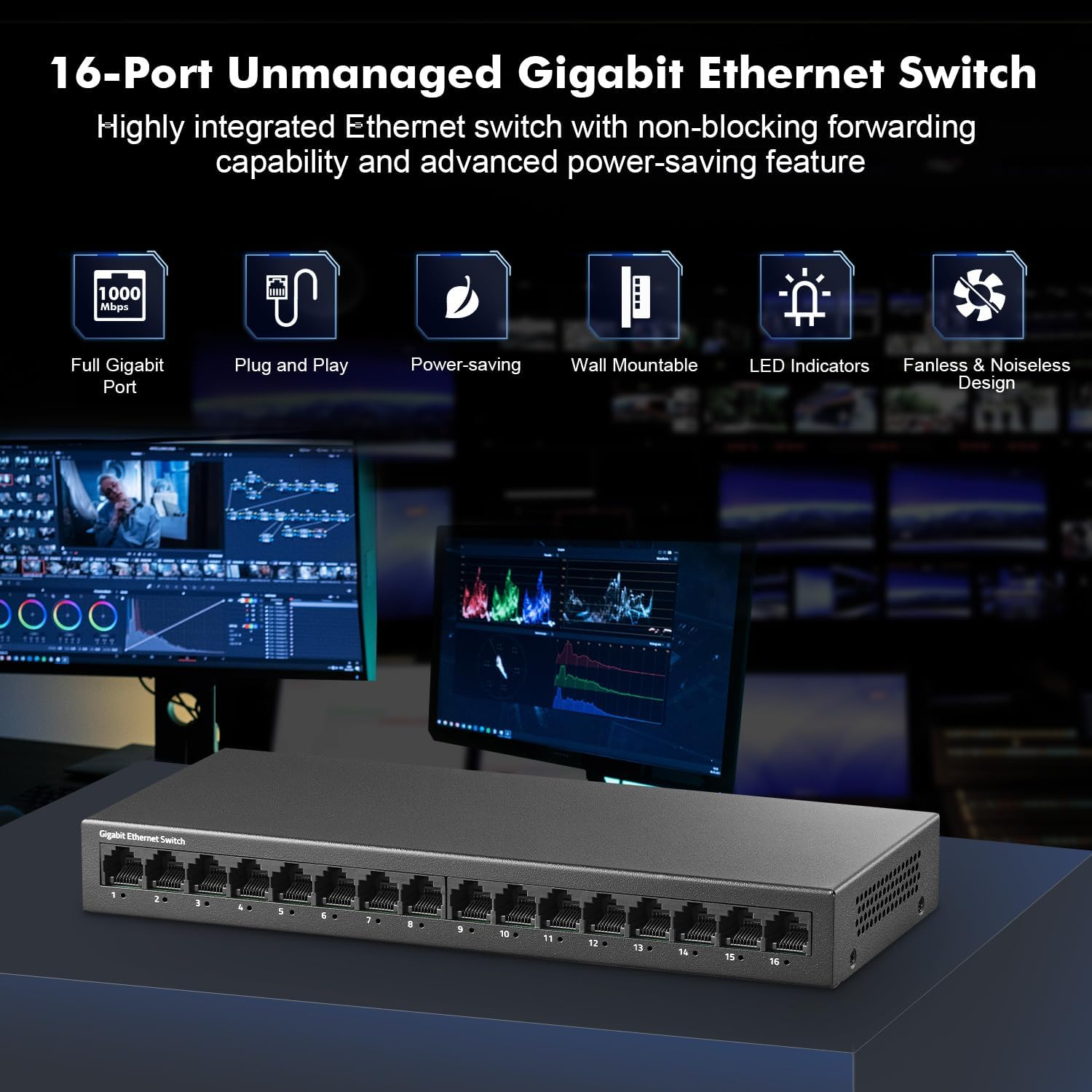 Mokerlink 16 Port Gigabit Ethernet Switch, Fanless Metal Rack Mount Unmanaged Plug and Play Network Switch