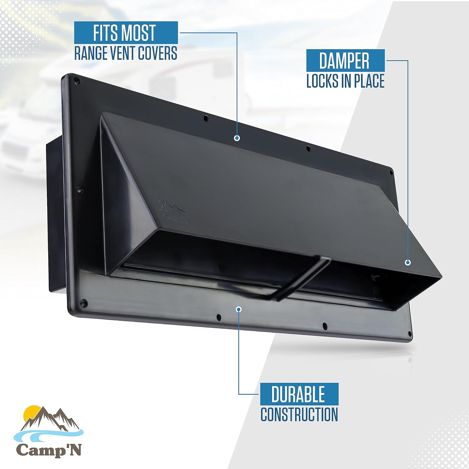 Camp'N RV Exhaust Vent Cover - RV Range Hood Vent/Rv Range Hood Cover/Sidewall Vent W/Locking Flap (Black) image number 1