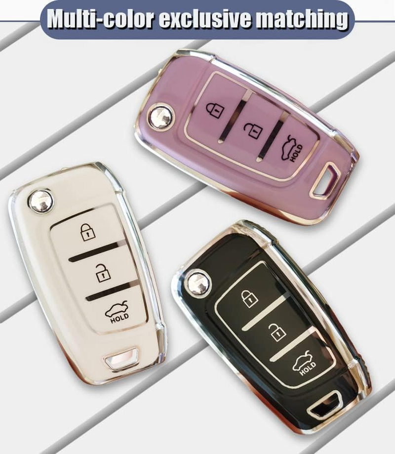HIBEYO Flip 3 Button Key Fob Cover for Hyundai Elantra Solaris 2 Tucson I30 I35 I40 Ix35 Kona Genesis Santa Fe Azera Verna Accent Celesta Sonata Car Accessories with Keychain-Leather Key Chain(Purple) image number 2