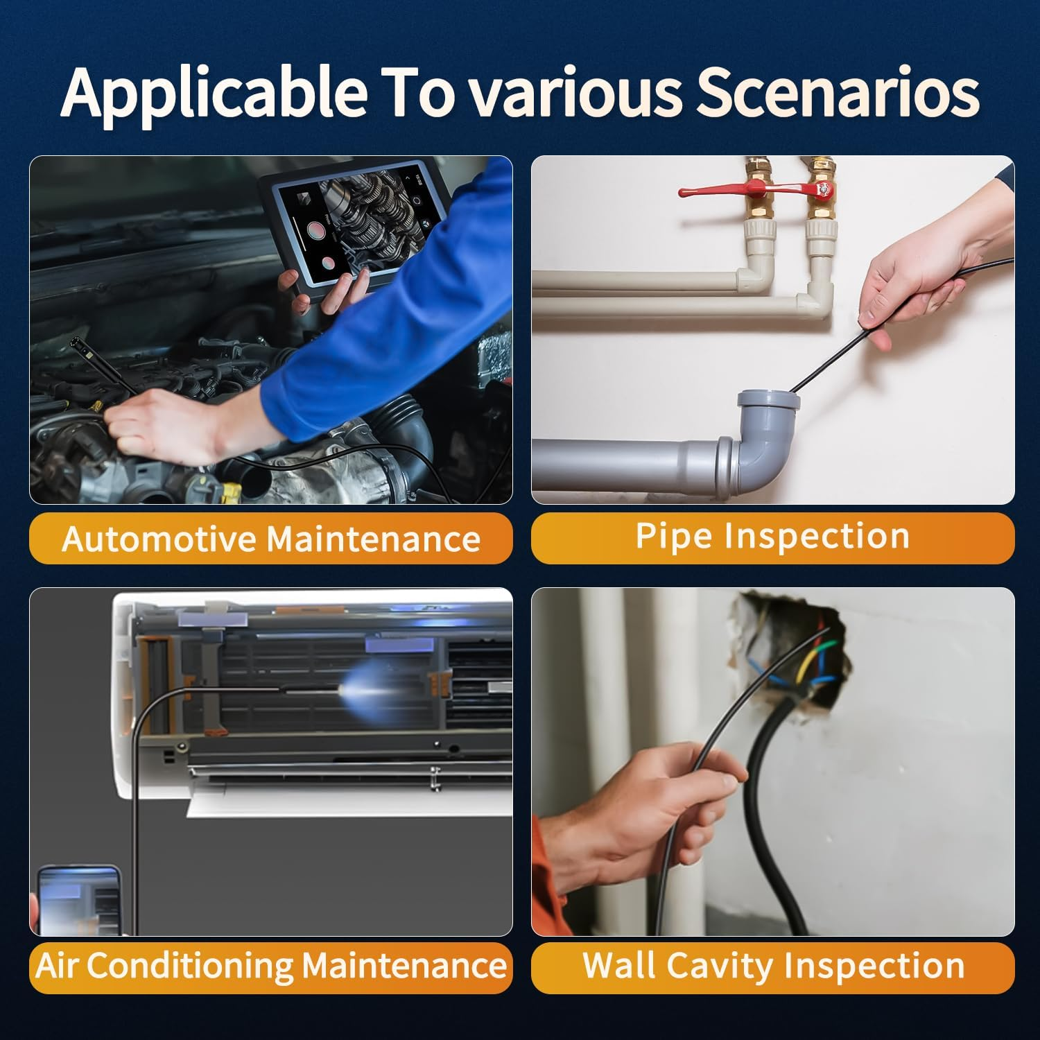 SBERAY Endoscope Inspection Camera, 1920P Dual Lens Borescope with Adjustable 8 LED Lights, 16.4FT/5M Semi-Rigid Cable, IP67 Waterproof Snake Camera for Automotive, HVAC, Sewer, Pipe Inspection