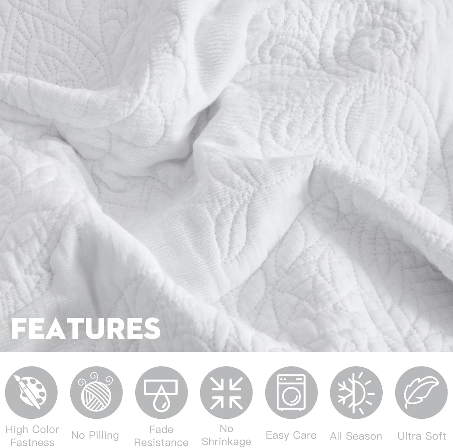 Blythease Oversized Queen Bedspread Cotton, Reversible Paisley Pattern Design, Lightweight Bedding Cover, 4 Piece Set - Queen, Pure White image number 4