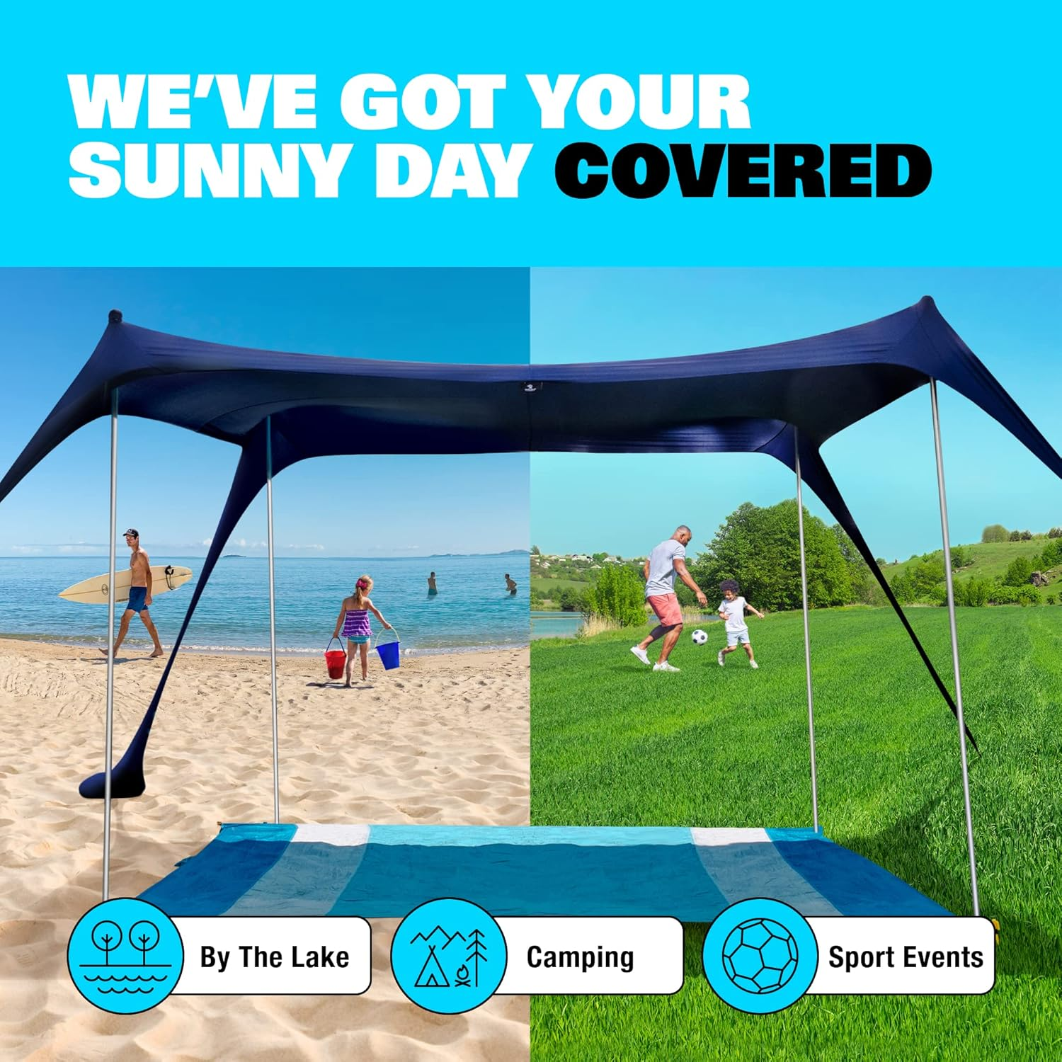 SUN NINJA Pop up Beach Tent Sun Shelter UPF50+ with Sand Shovel, Ground Pegs,And Stability Poles, Outdoor Shade for Camping Trips, Fishing, Backyard Fun or Picnics (10X10Ft 4 Pole, Navy) image number 2
