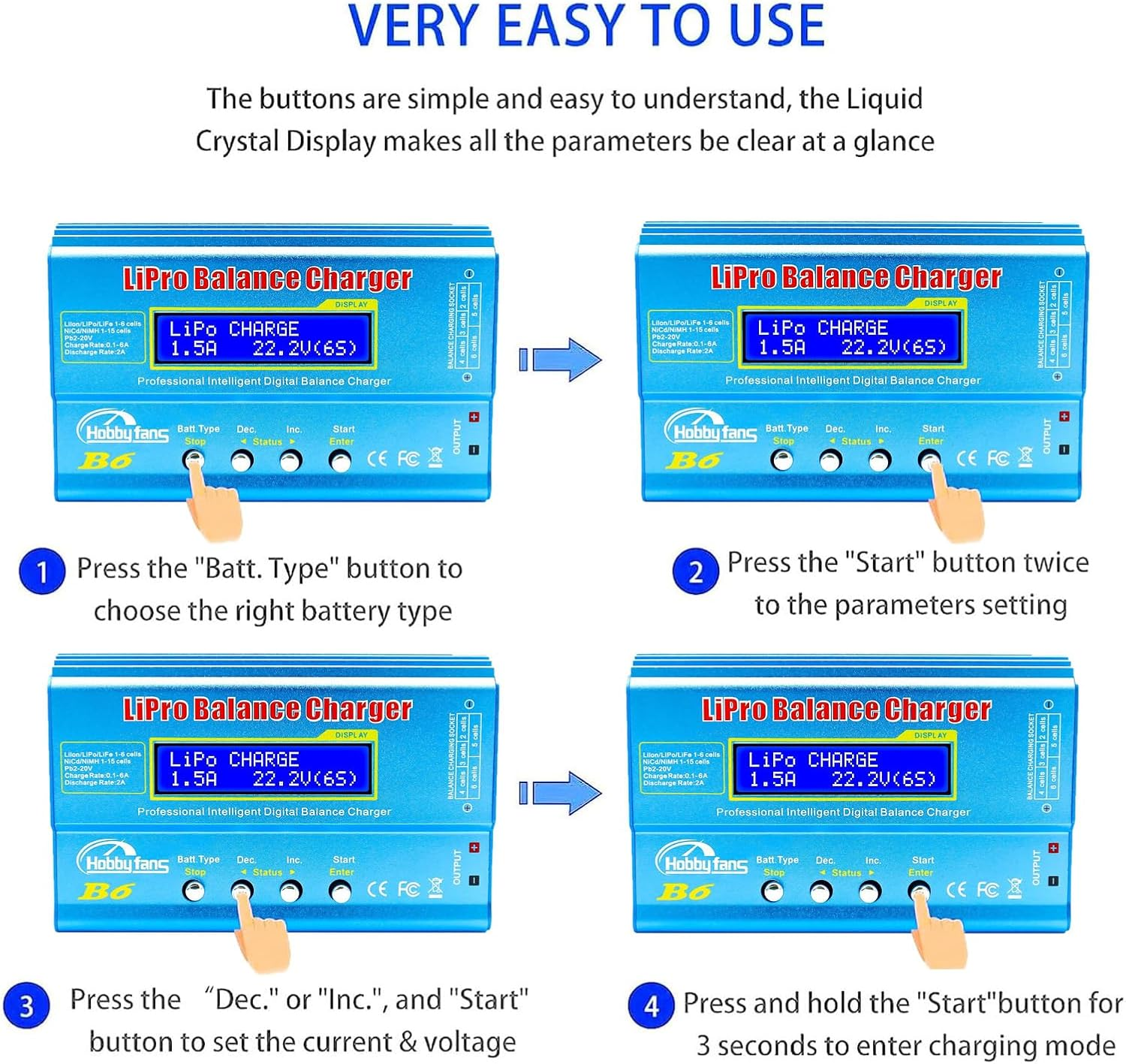 Hobby Fans B6 Mini Professional Balance Charger/Discharger with Power Supply for 1S-6S Lipo Lilon Life Nicd Nimh Pb RC Battery image number 4