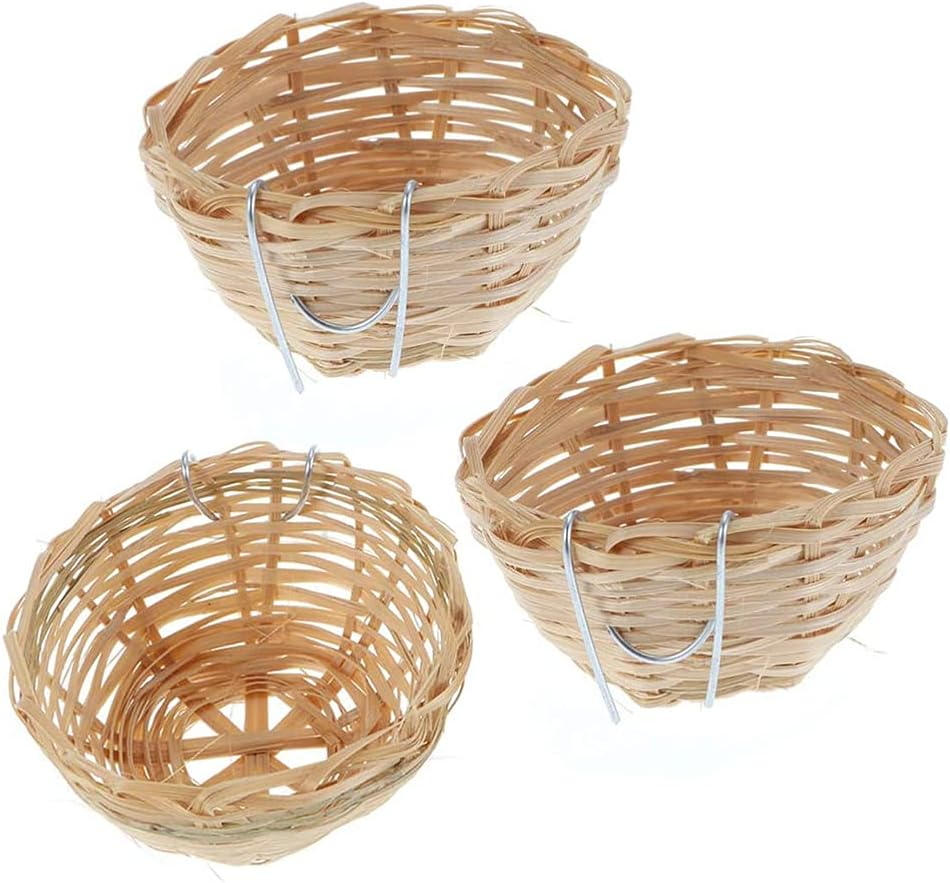 ANCLLO 3Pcs Natural Bamboo Handmade Bird Nest with Hook Bird House for Resting Feeding Breeding Bird Cage Parakeets Parrots and Small Animals image number 4