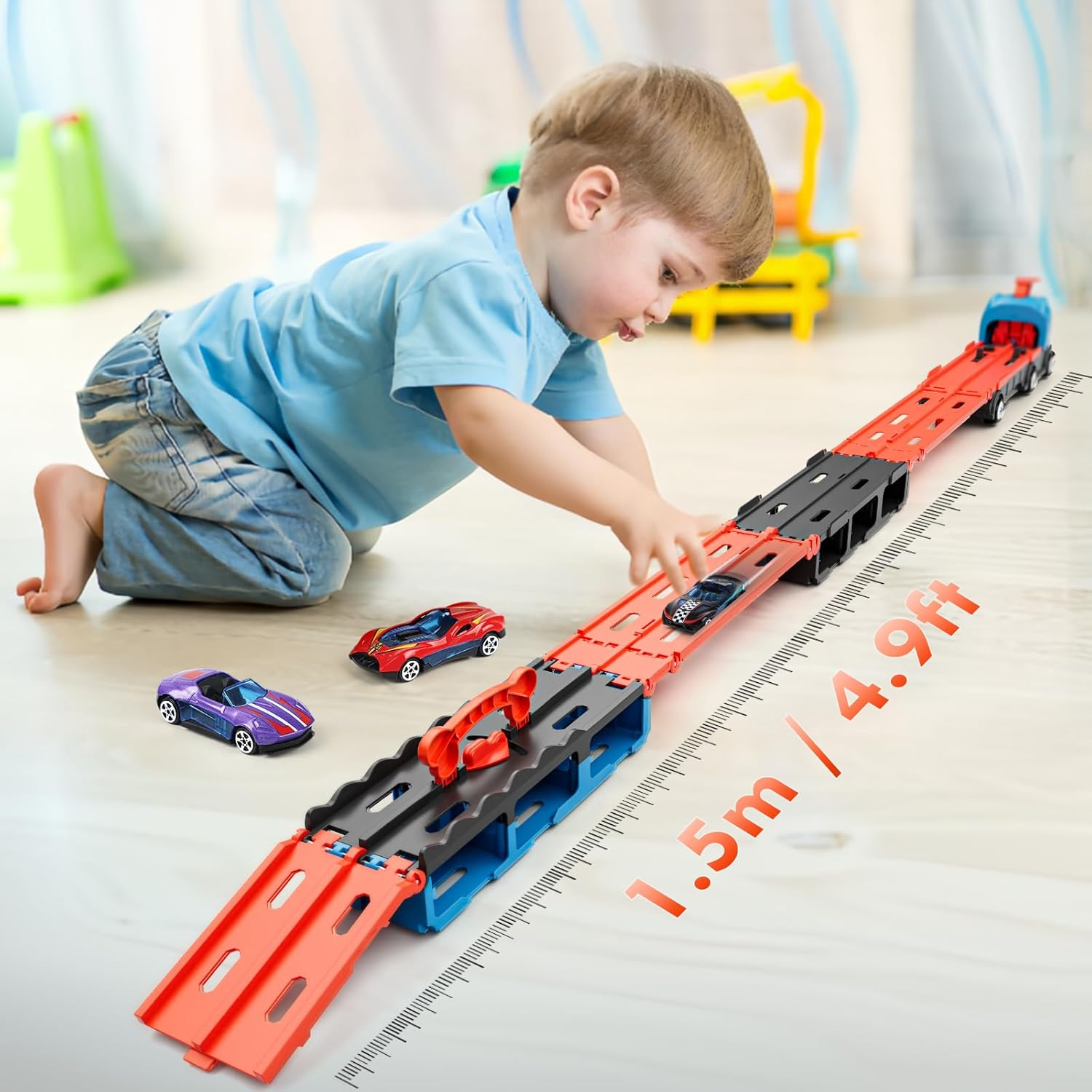 Lehoo Castle 2 Year Old Boy Gifts, 7 in 1 Transport Truck Toy, Toys for 2 Year Old Boys, Toy Car Storable and Foldable, Ejectable Carrier Truck with 6 Pcs Race Cars image number 5