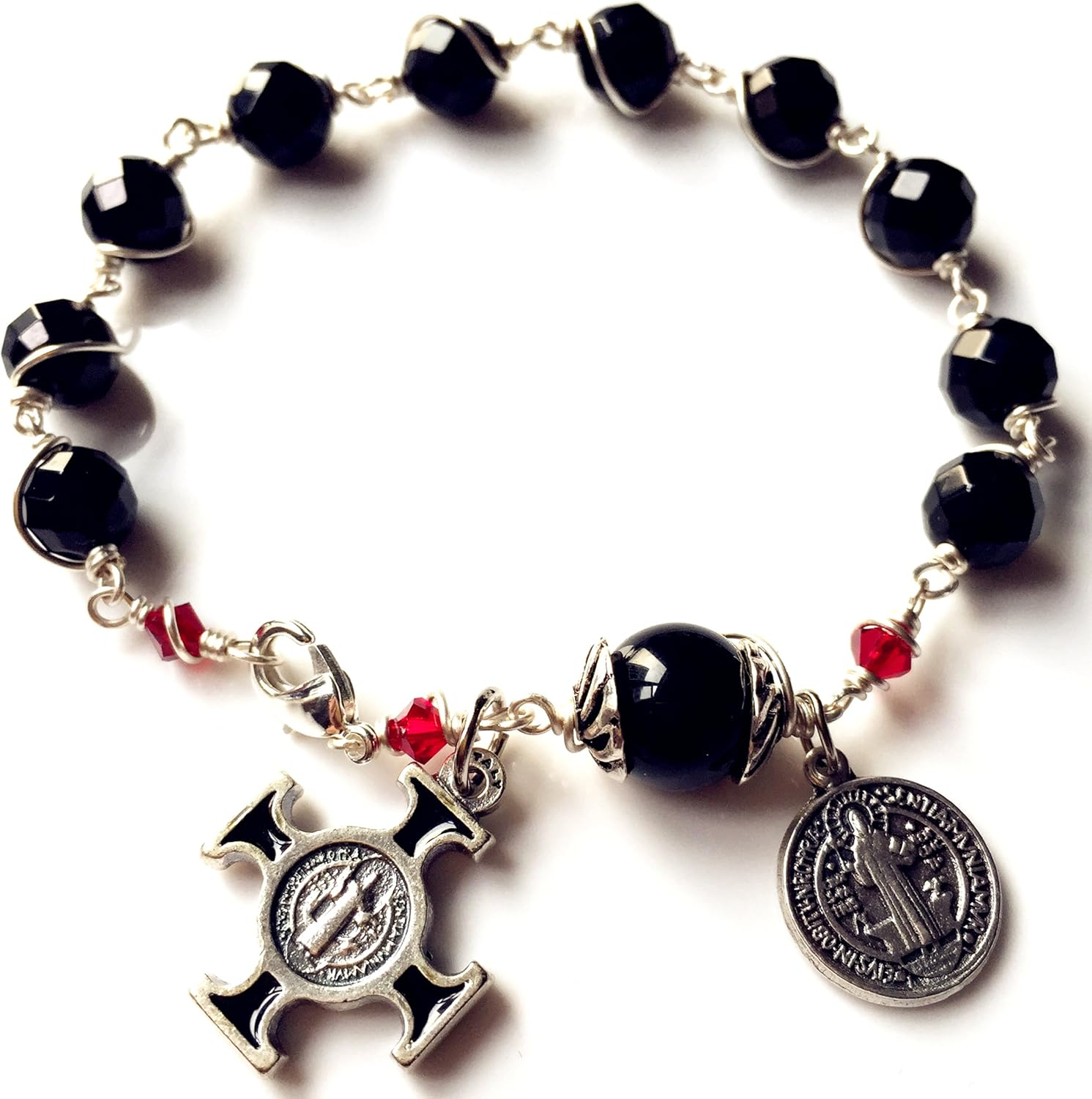 Elegantmedical HANDMADE SILVETR Wire Wrap Black Agate Prayer Beads Bracelet Rosary Cross Catholic image number 3