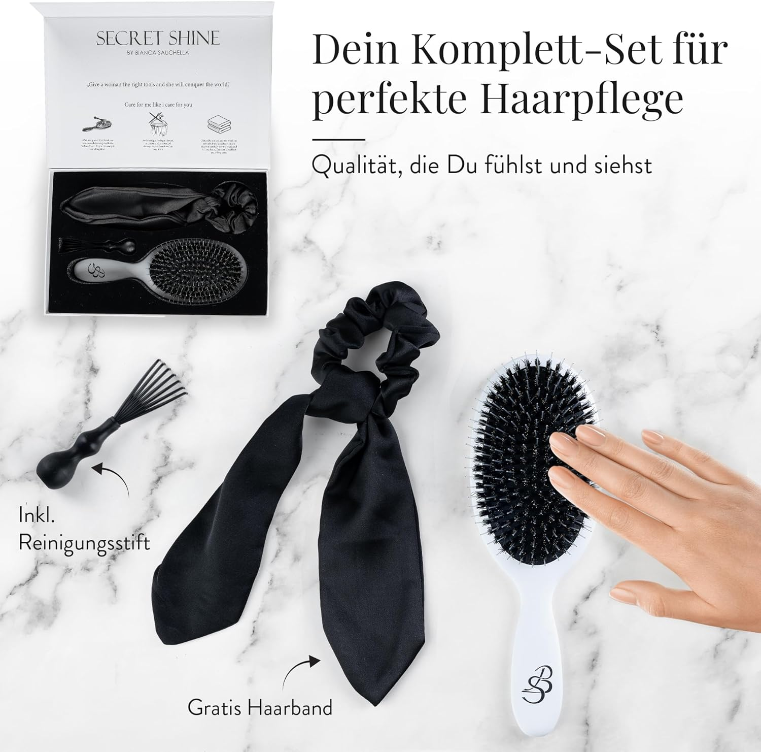 Bianca Sauchella Secret Shine Extensions Brush - Wild Boar Bristles & Keratin Pens, Anti-Frizz, Gentle without Pulling, Ideal for Tape-In, Bonding & Clip-In Extensions (White) image number 1