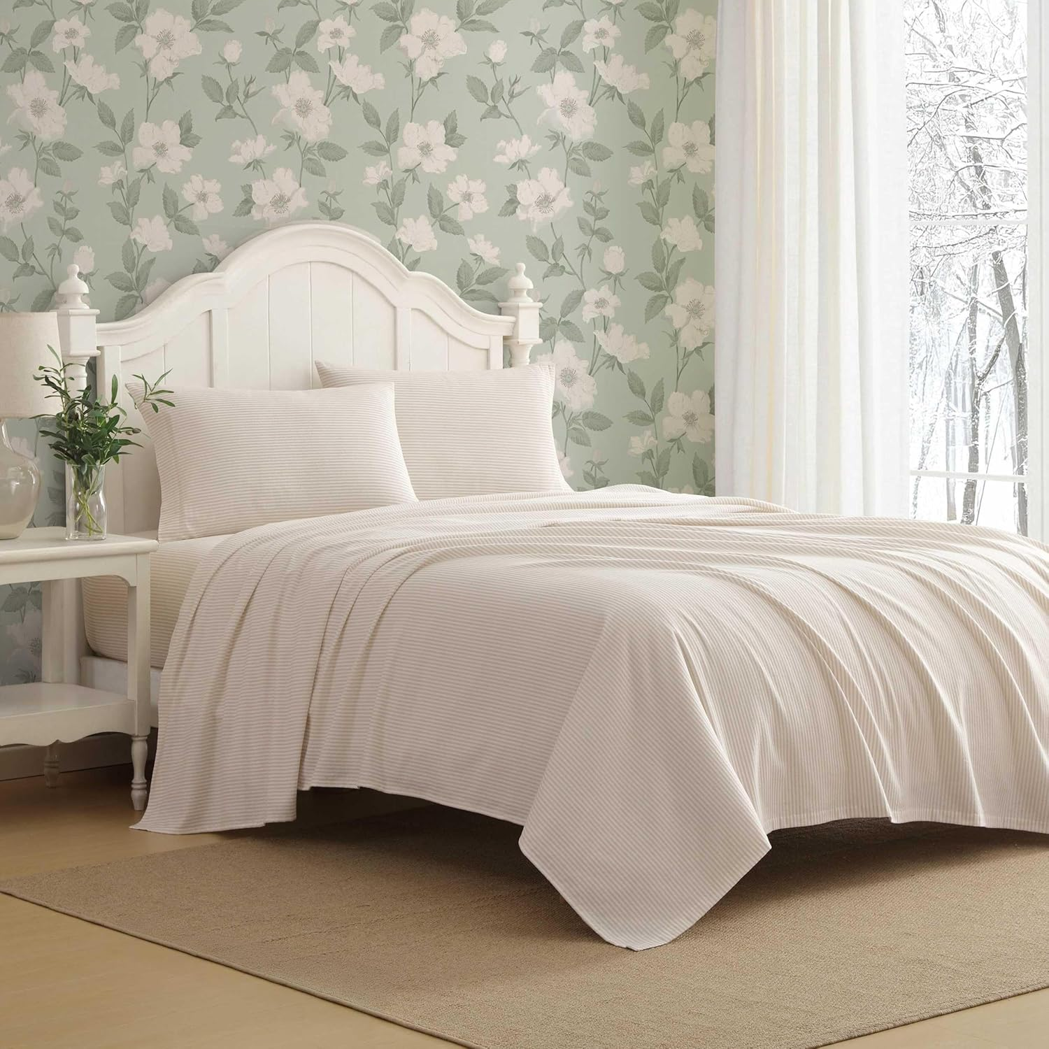 Laura Ashley - Full Sheet Set, Cotton Flannel Bedding, Brushed for Extra Softness & Comfort (Crestwood Pastel Grey, Full)