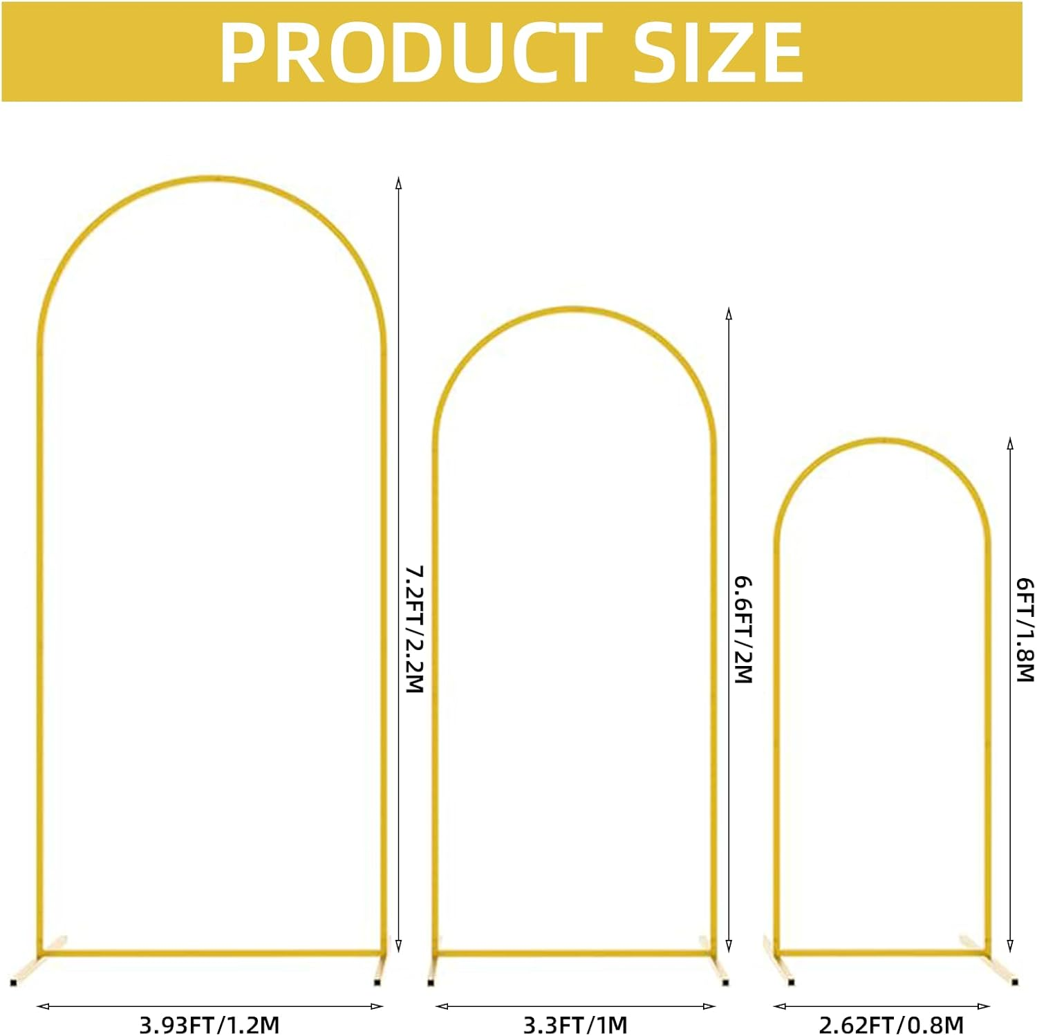 Metal Arch Backdrop Stand 7.2FT, 6.6FT, 6FT Set of 3 Gold Wedding Arch Stand with Stable Base,Balloon Backdrop Stand for Wedding Ceremony Birthday Party Bridal Baby Shower Banquet Decoration.