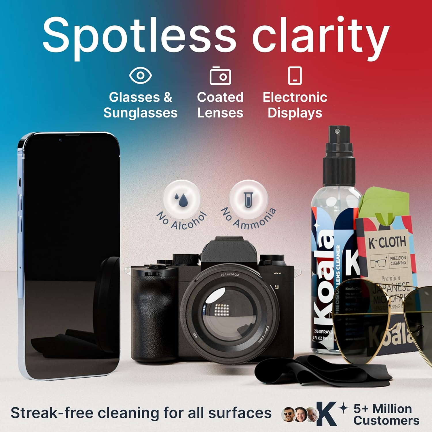 Koala Eyeglass Lens Cleaner Spray Kit | (2X) Glasses Cleaner Bottle + (2X) Microfiber Cloth | Alcohol Free Eyeglasses, Screen, and Camera Cleaning Kit | Made in USA (4 Piece Set) image number 3