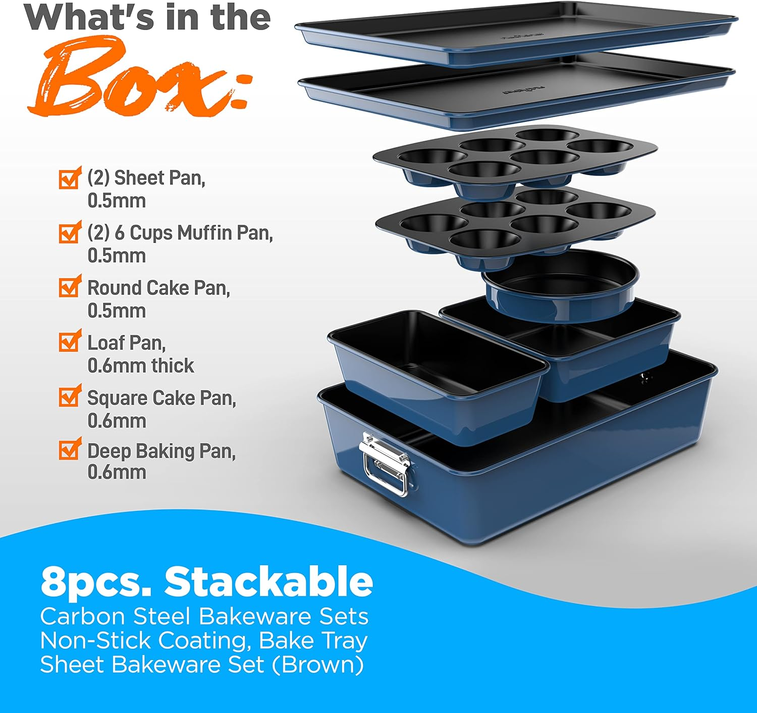 Nutrichef 8-Piece Nonstick Stackable Bakeware Set - PFOA, PFOS, PTFE Free Baking Tray Set W/Non-Stick Coating, 450&deg;F Oven Safe, round Cake, Loaf, Muffin, Wide/Square Pans, Cookie Sheet (Blue) - Black image number 3