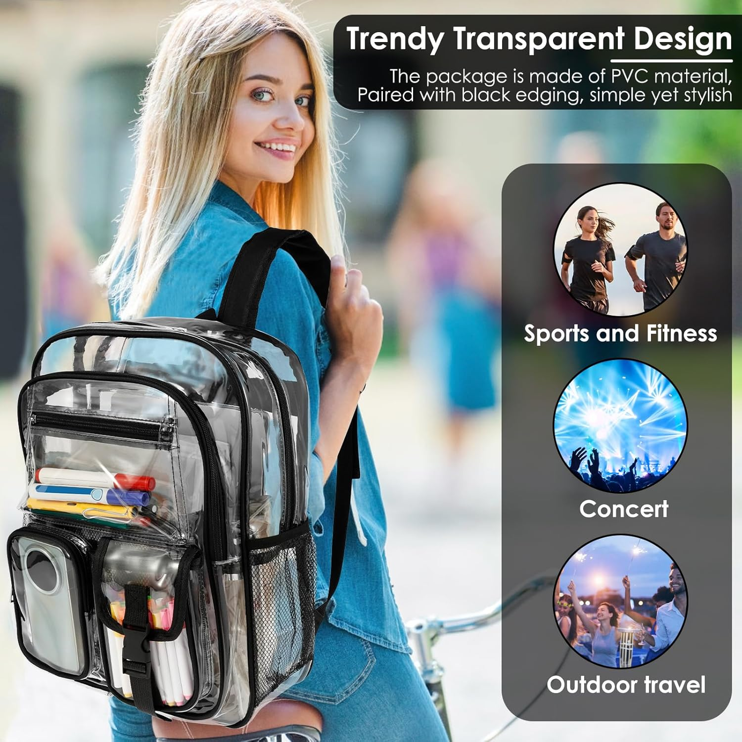 Clear Backpack, Heavy Duty PVC Clear Bookbag, with Widened Straps, Multi Pockets Lightweight See through Backpack, for School Work Stadium Security Travel Sporting Events - Pink image number 3