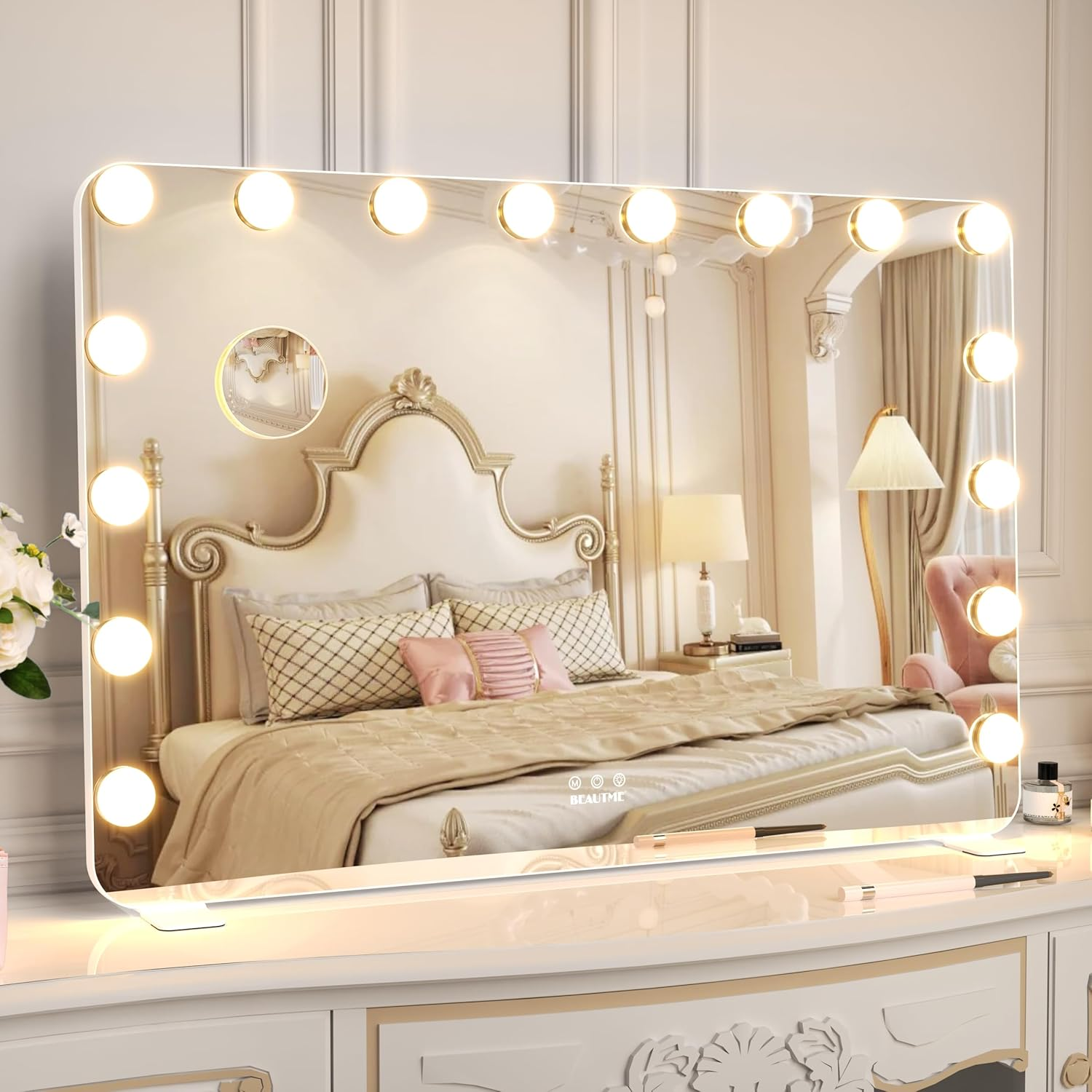 Vanity Mirror with Lights, White Hollywood Lighted Makeup Mirror with 14 Dimmable LED Bulbs for Dressing Room & Bedroom, Tabletop or Wall-Mounted, 60X50.7Cm
