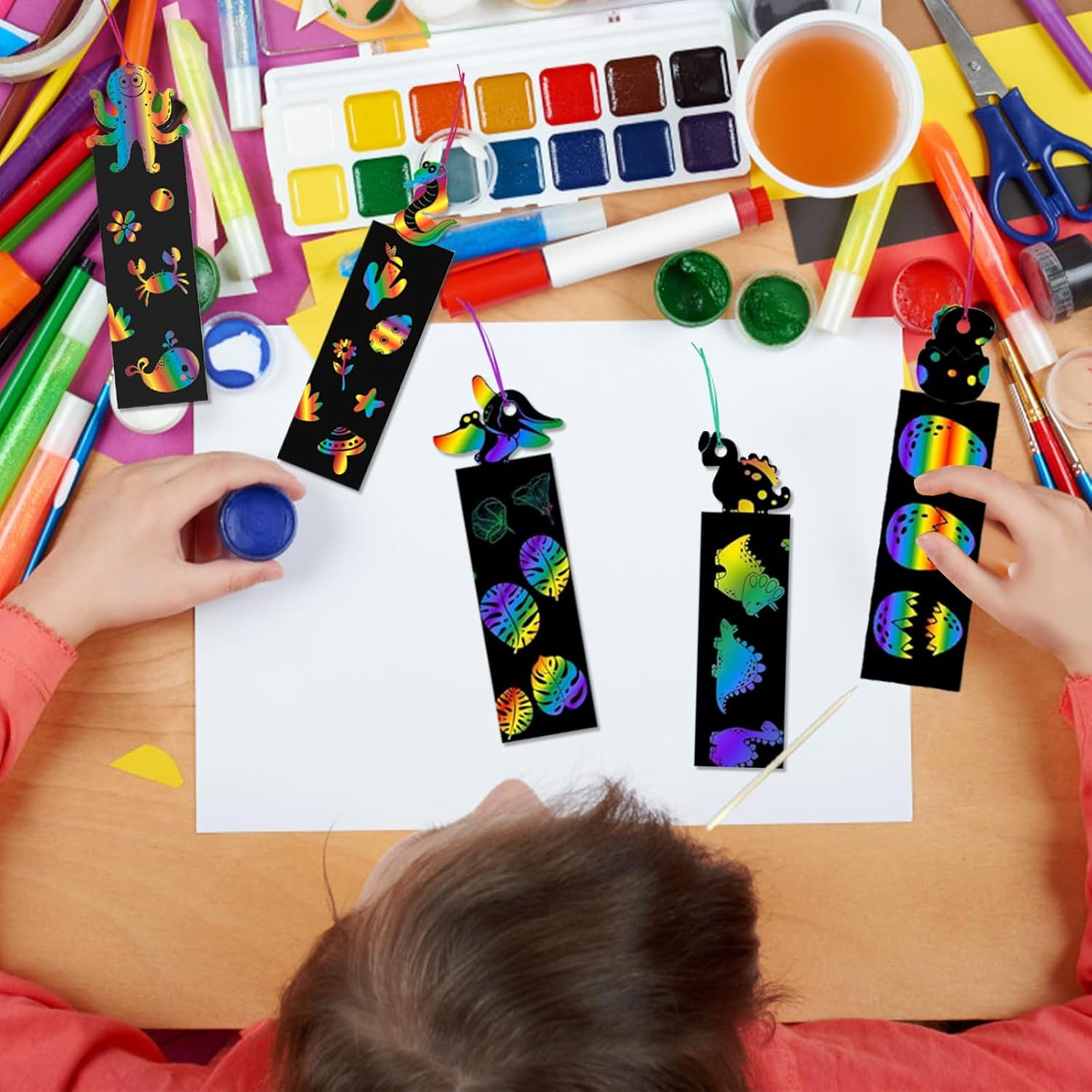48 Pcs Scratch Art Bookmarks Party Favours Kids, Animal Bookmarks Set Party Bag Fillers with 48 Pcs Colorful Ribbons and 24 Pcs Wood Stylus, Scratch Art for Classroom Activities Party(Dinosaur) image number 6
