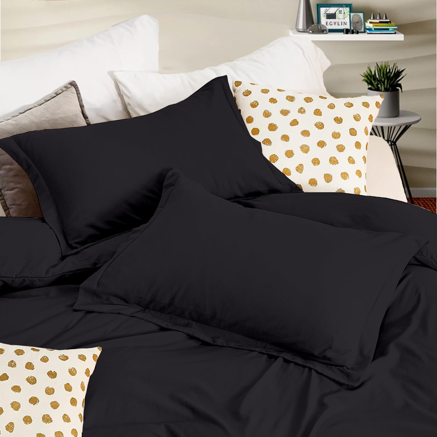 EGYLIN 800 TC Egyptian Cotton Black Duvet Cover Set Double Size 100% Long Staple Cotton Black Quilt Cover with 2Pc Pillowshams, Luxurious Soft Sateen Bedding Set image number 3