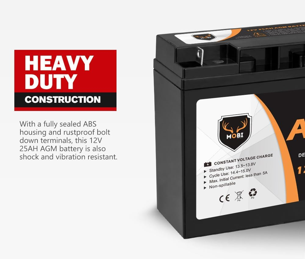 Mobi 25Ah 12V Deep Cycle AGM Battery, SLA Rechargeable & Portable, Maintenance Free for Marine Camping Solar Caravan 4WD