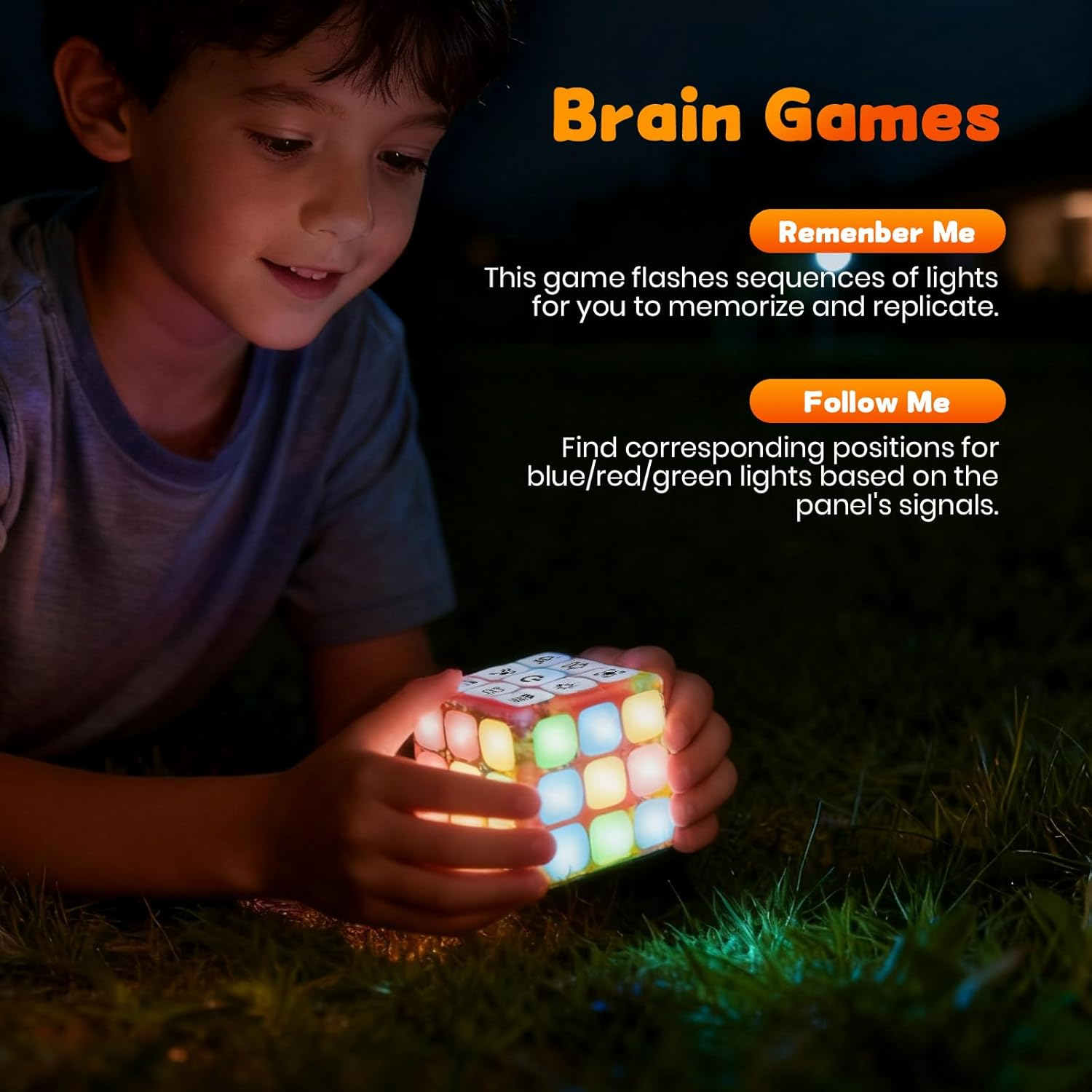 Poat Handheld Game Cube for Kids, 7-In-1 Electronic Memory & Brain Games Toy with Speed, Logic, and Music Challenges, Portable Travel Learning Toy for Ages 6-12+