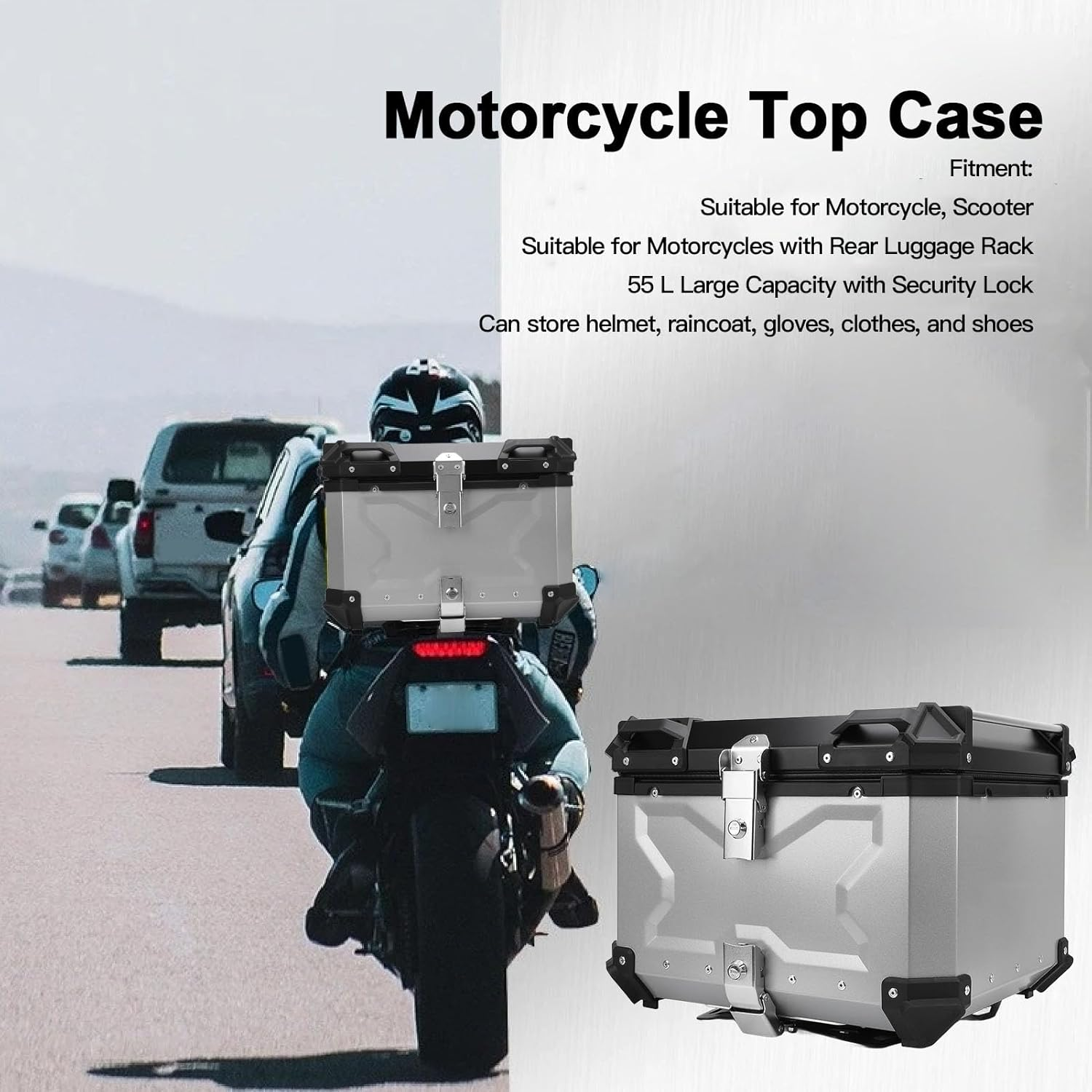 55L Motorcycle Top Case Tail Box, Water Proof Aluminum Alloy Quick Release Motorcycle Scooter Universal Storage Trunk with Safety Lock Reflective Sticker for Helmet Luggage (Silver) image number 1